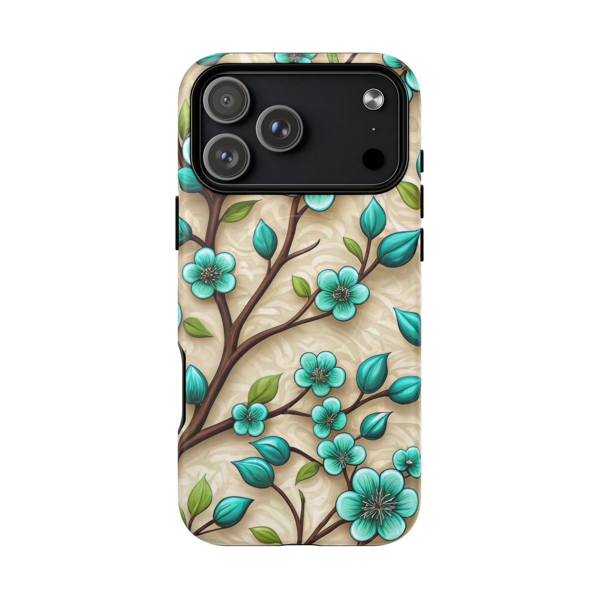 Floral Teal Blossom Tough Magnetic iPhone Case — MagSafe Protective Cover
