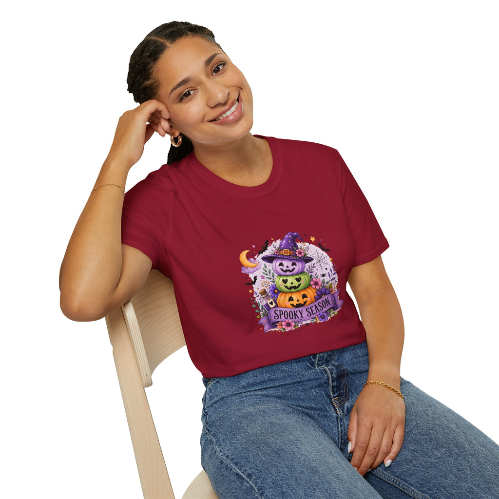 Spooky Season Pumpkin Stack T-Shirt — Cute Halloween Gift for Women Witch Hat Tee
