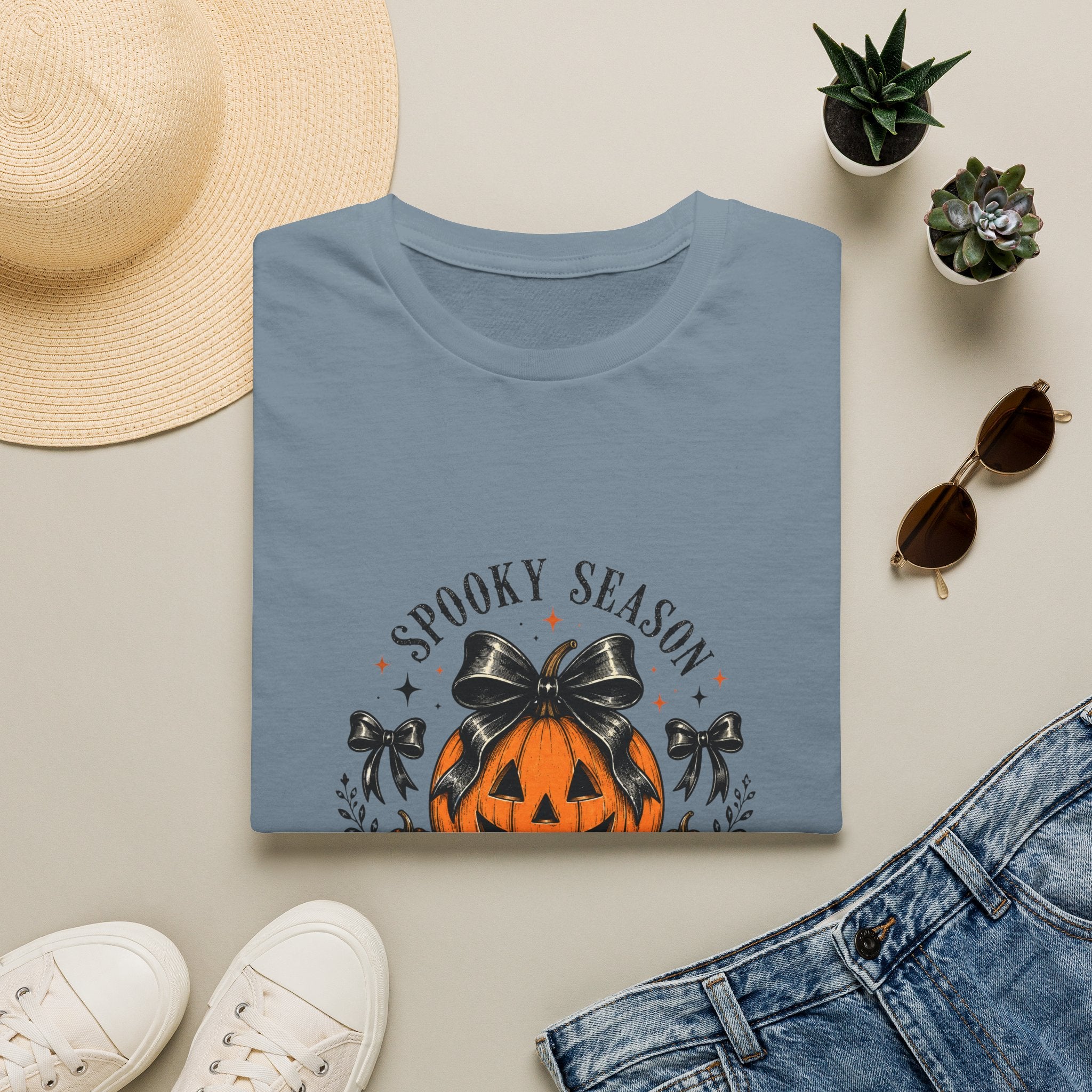 Spooky Season Jack-O'-Lantern Bow T-Shirt — Cute Halloween Gift for Women Graphic Tee