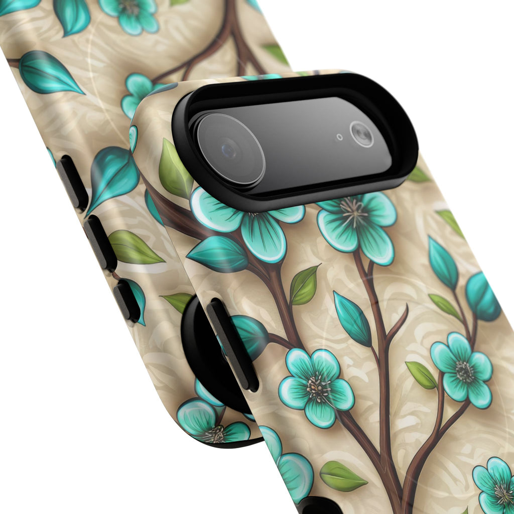 Floral Teal Blossom Tough Magnetic iPhone Case — MagSafe Protective Cover