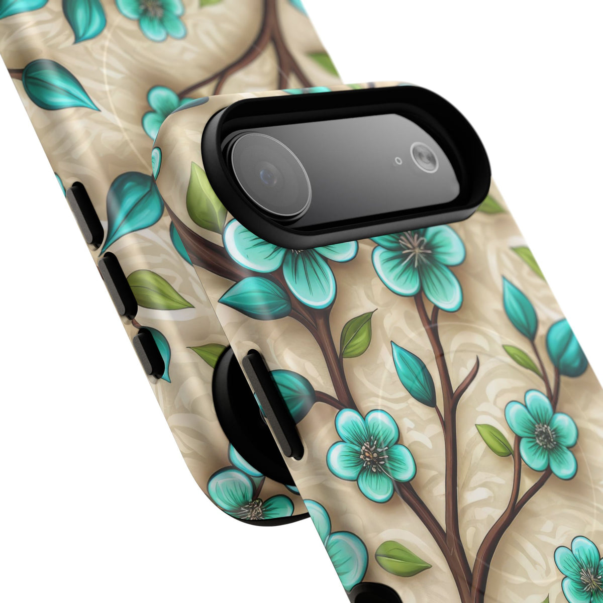 Floral Teal Blossom Tough Magnetic iPhone Case — MagSafe Protective Cover