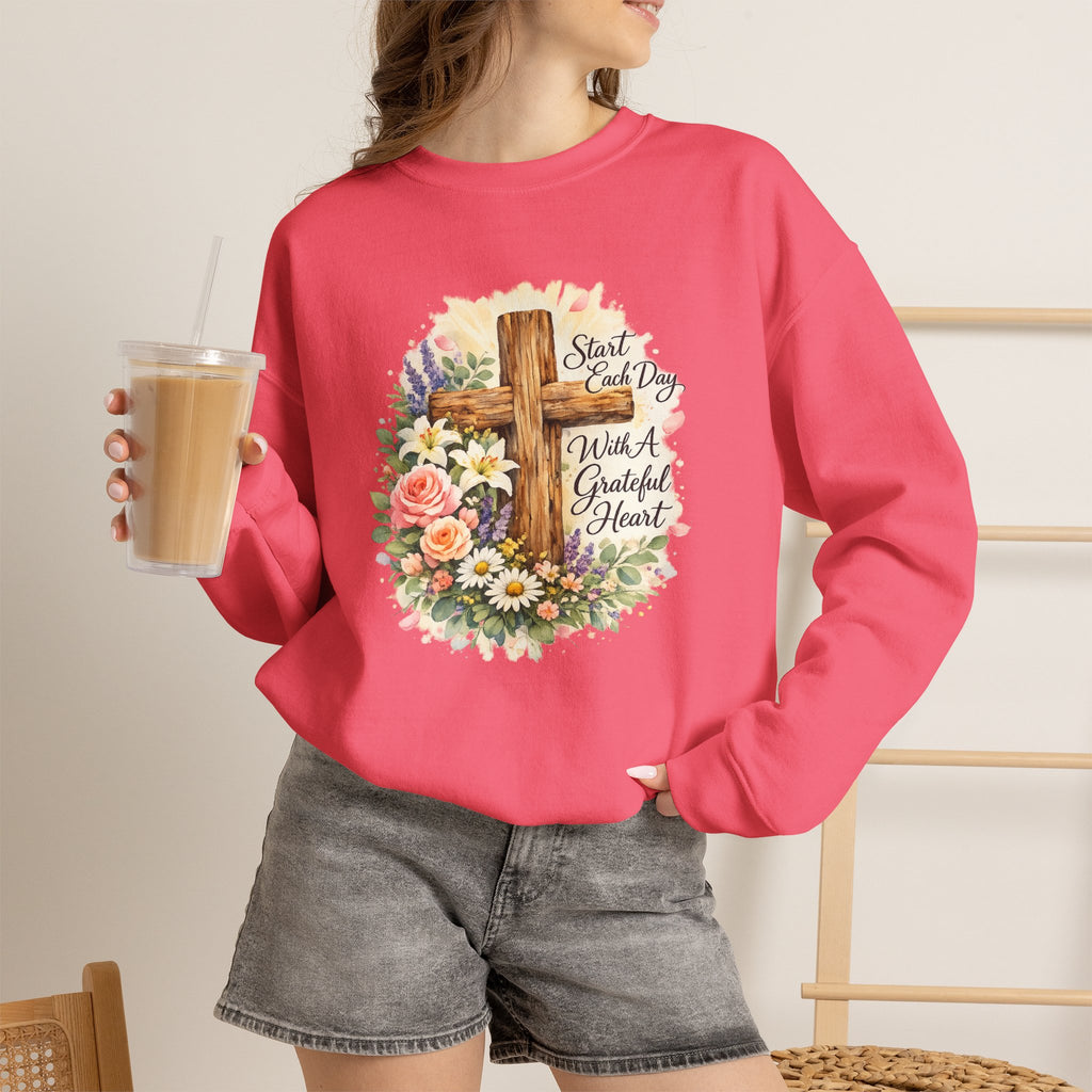 Christian Crewneck Sweatshirt — "Start Each Day with a Grateful Heart" Floral Cross
