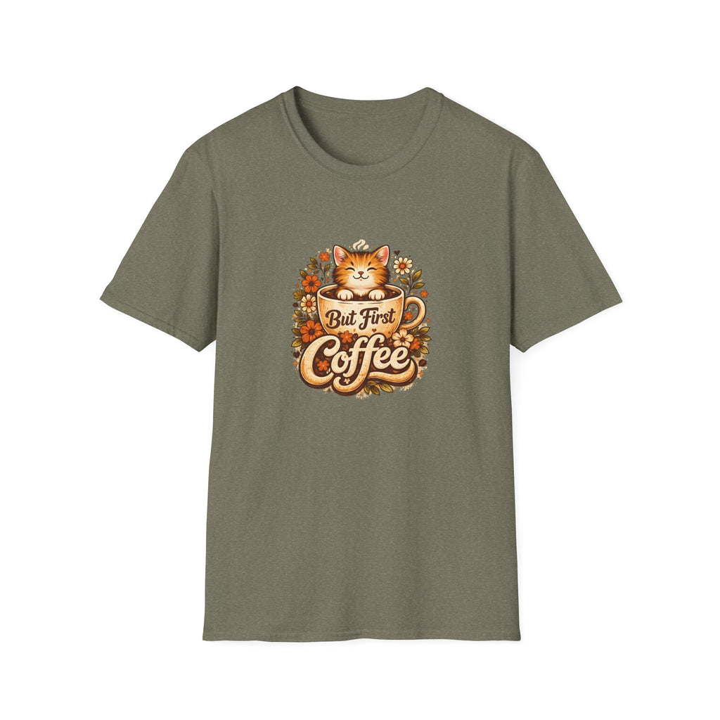But First Coffee Cat T-Shirt — Cute Floral Gift for Coffee Lovers Women's Tee