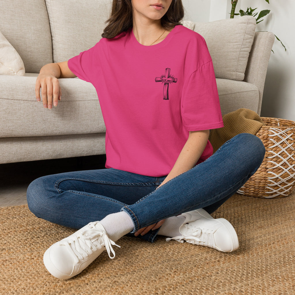 Cross Lion and Jesus Back Print T-Shirt — Wood Cross Chest Christian Faith Graphic