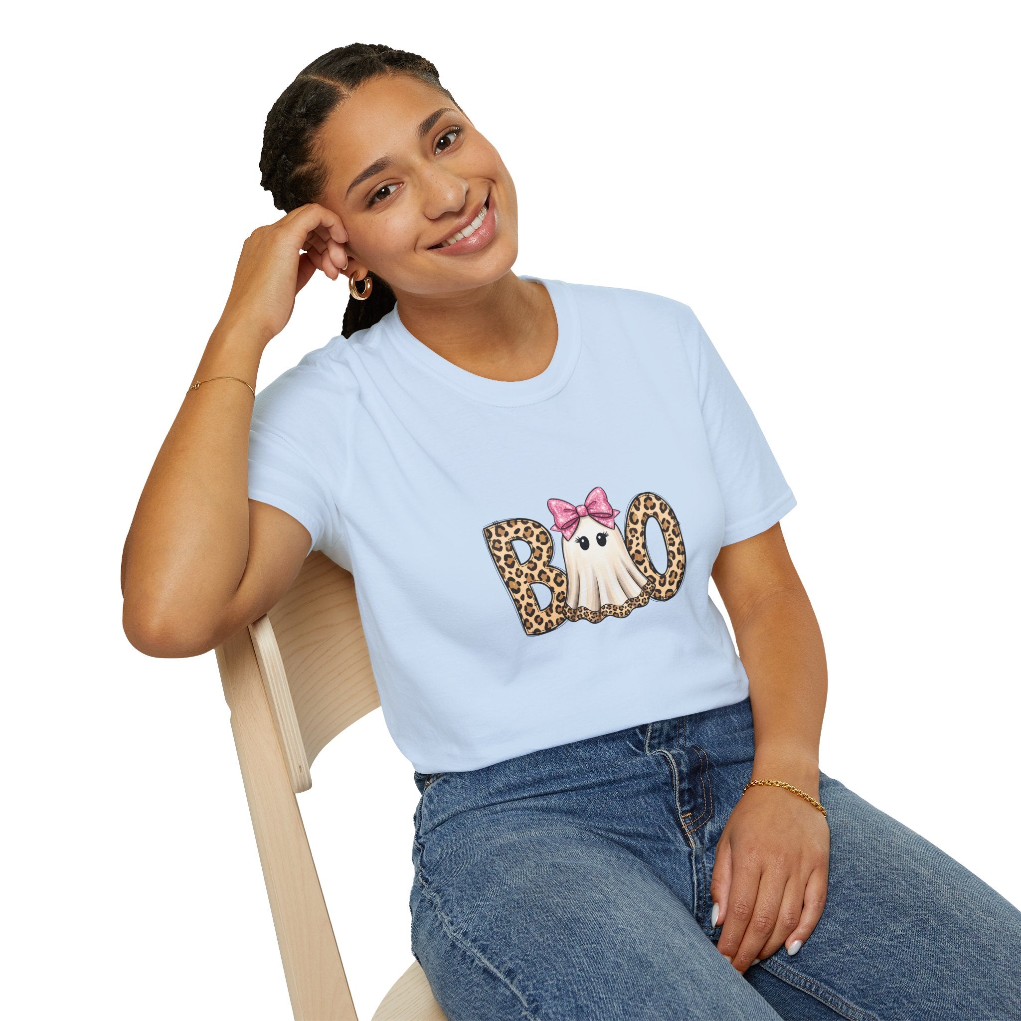 Boo Leopard Ghost T-Shirt — Cute Pink Bow Halloween Gift for Women Graphic Tee