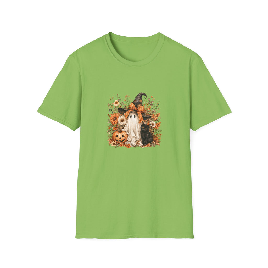 Halloween Witch Ghost & Cat T-Shirt — Cute Spooky Gift for Women Fall Floral Tee