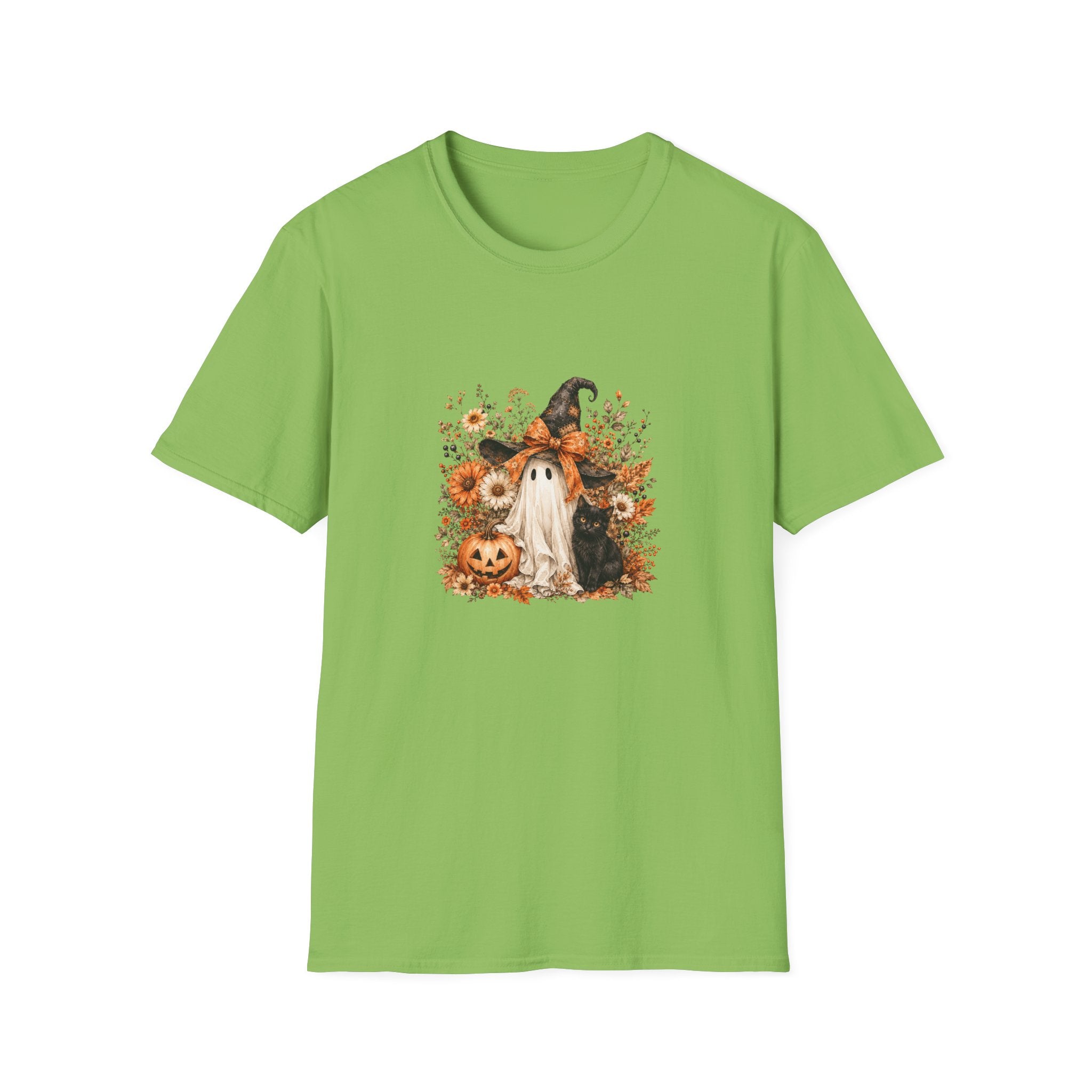 Halloween Witch Ghost & Cat T-Shirt — Cute Spooky Gift for Women Fall Floral Tee