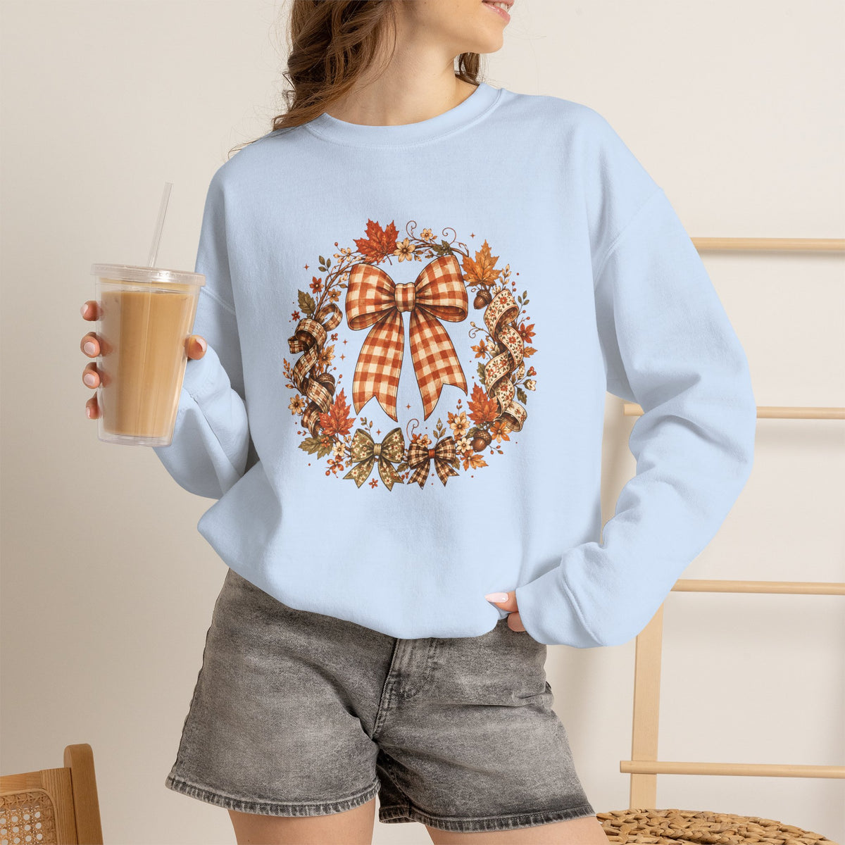 Cozy Autumn Plaid Bow Wreath Crewneck Sweatshirt