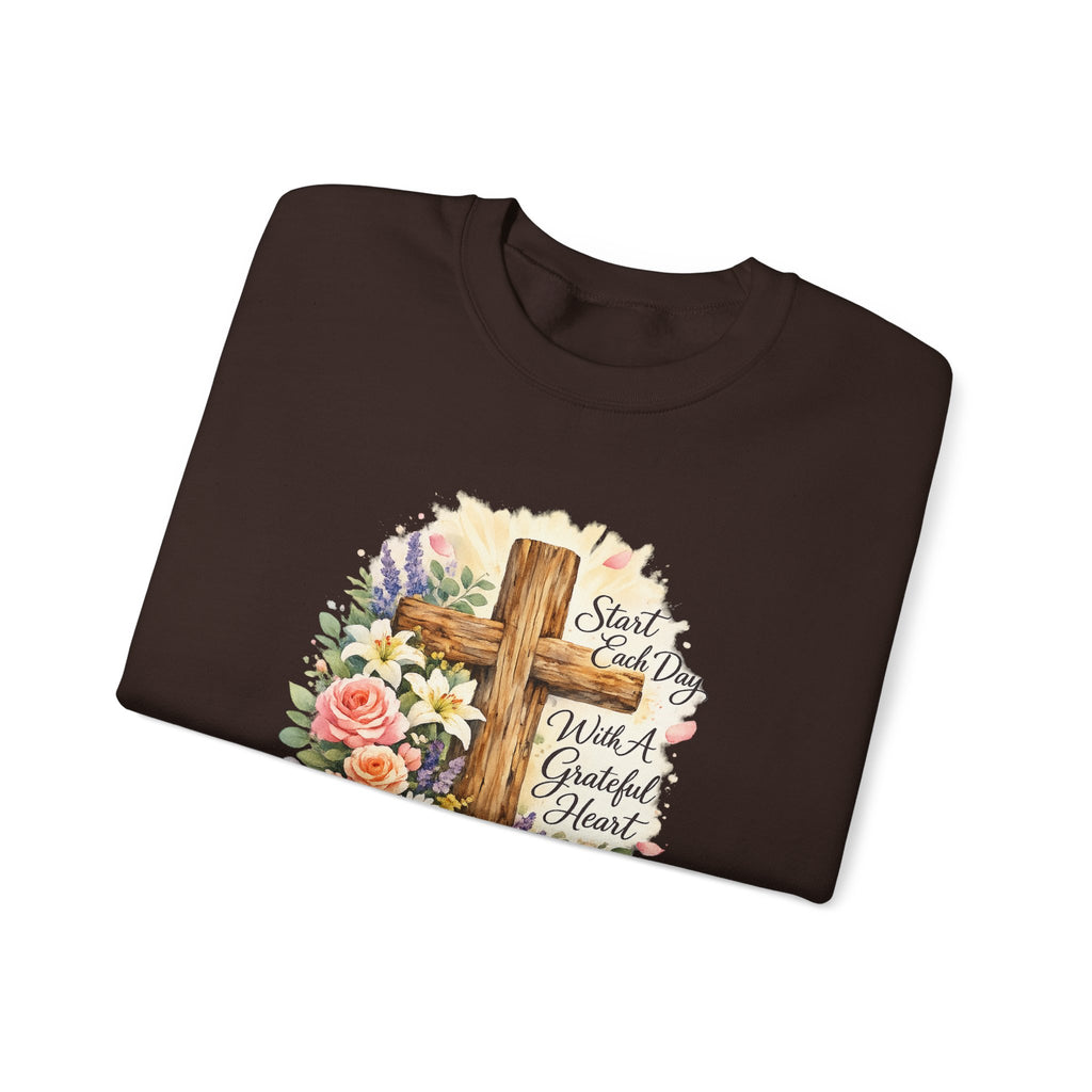 Christian Crewneck Sweatshirt — "Start Each Day with a Grateful Heart" Floral Cross