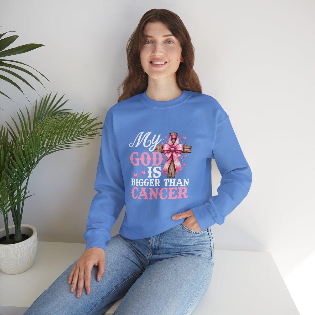 My God Is Bigger Than Cancer Breast Cancer Awareness Crewneck Sweatshirt