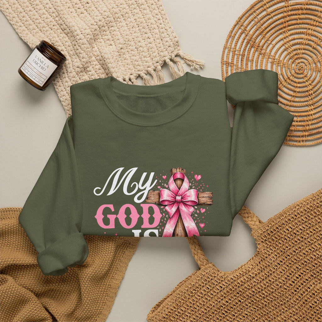 My God Is Bigger Than Cancer Breast Cancer Awareness Crewneck Sweatshirt