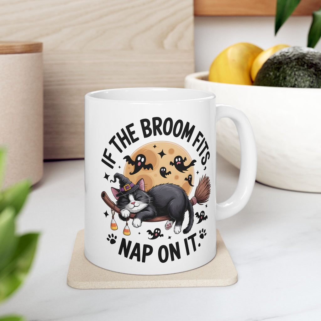 If the Broom Fits Nap on It Halloween Cat Mug — Funny Witchy Gift Coffee Cup 11oz 15oz