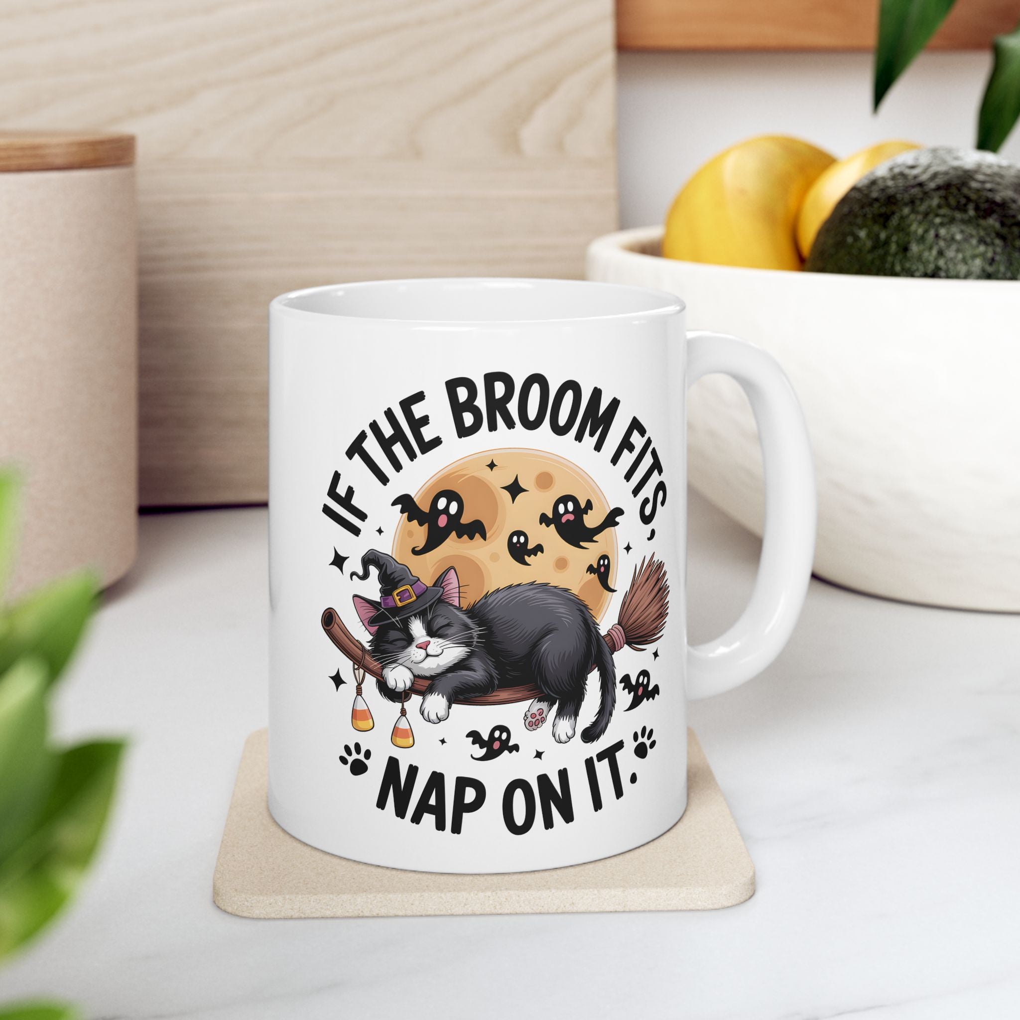 If the Broom Fits Nap on It Halloween Cat Mug — Funny Witchy Gift Coffee Cup 11oz 15oz