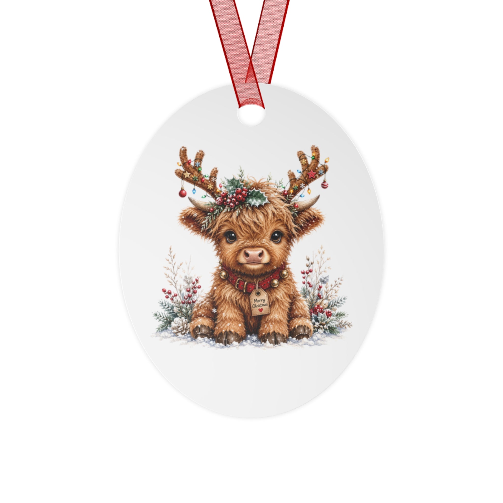 Cute Highland Cow Metal Ornament — Holiday Christmas Tree Decoration