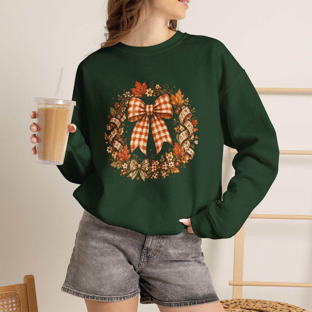 Cozy Autumn Plaid Bow Wreath Crewneck Sweatshirt