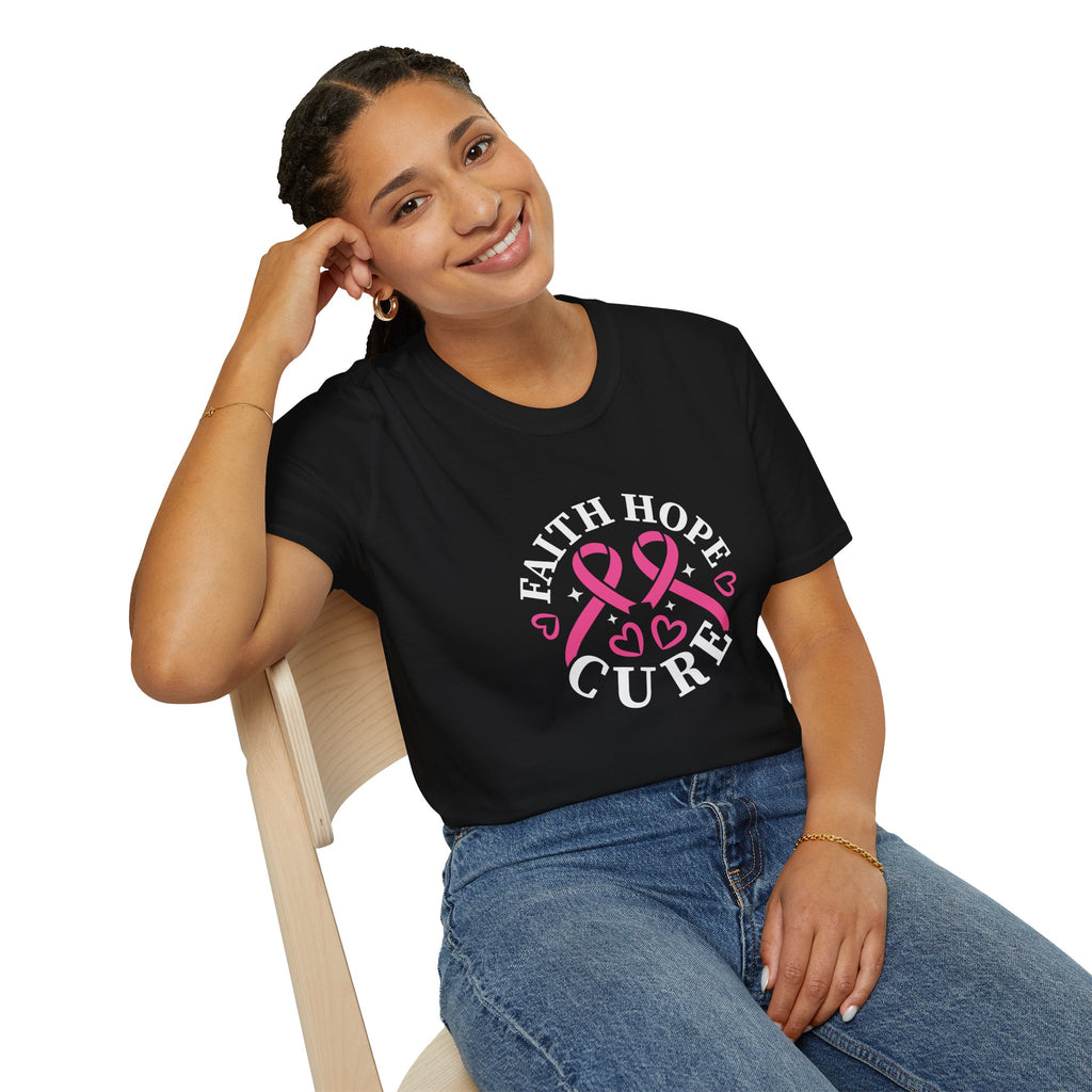 Faith Hope Cure Breast Cancer Awareness T-Shirt — Pink Ribbon Gift for Her Support Graphic Tee
