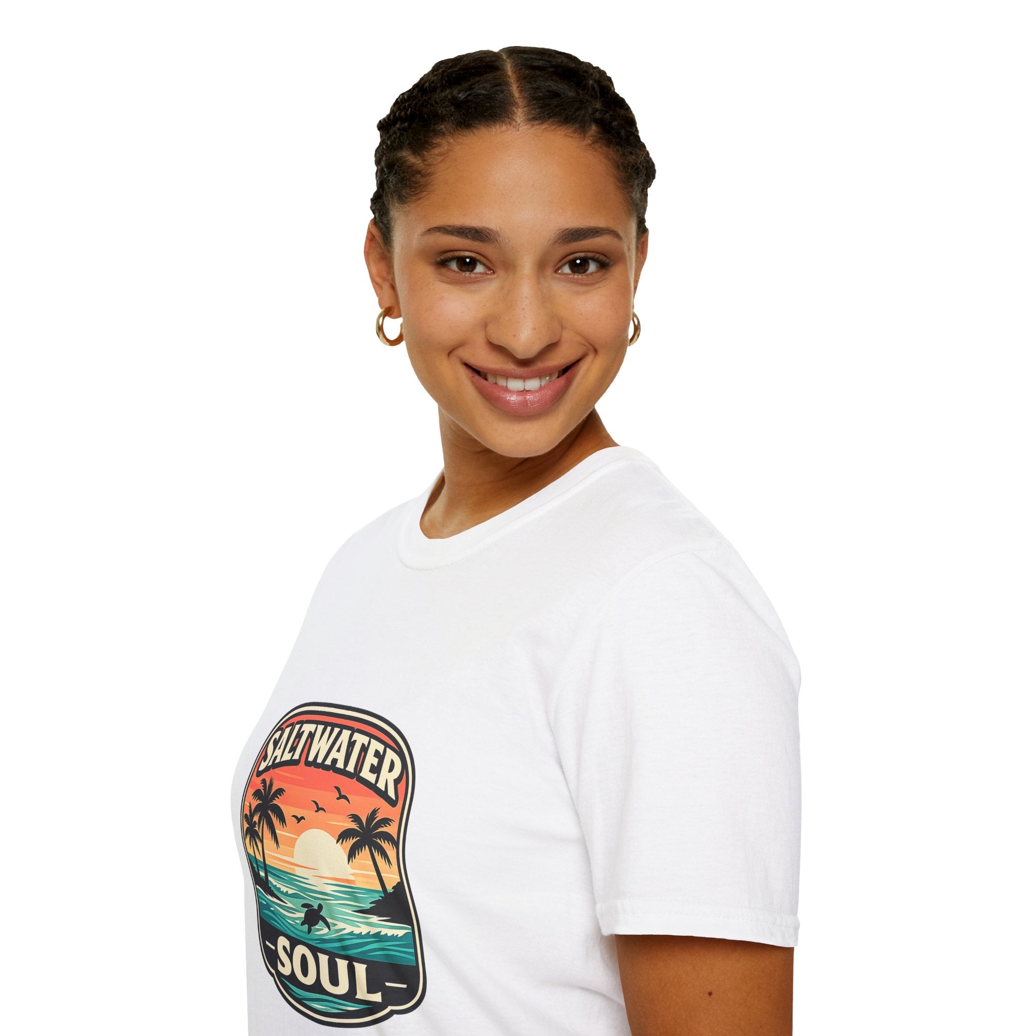 Saltwater Soul Retro Beach T-Shirt — Cute Coastal Gift for Women Sunset Palm Tee