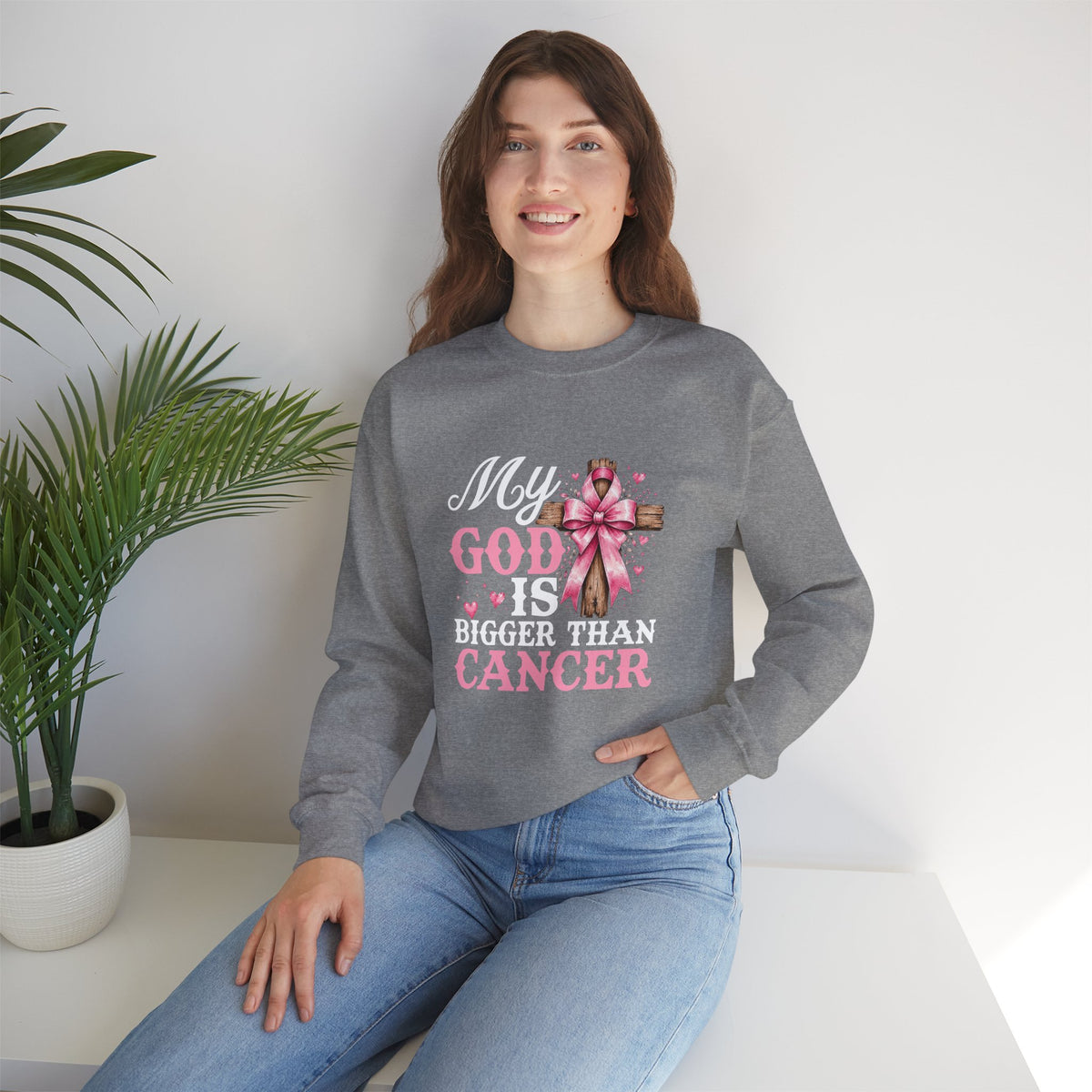 My God Is Bigger Than Cancer Breast Cancer Awareness Crewneck Sweatshirt