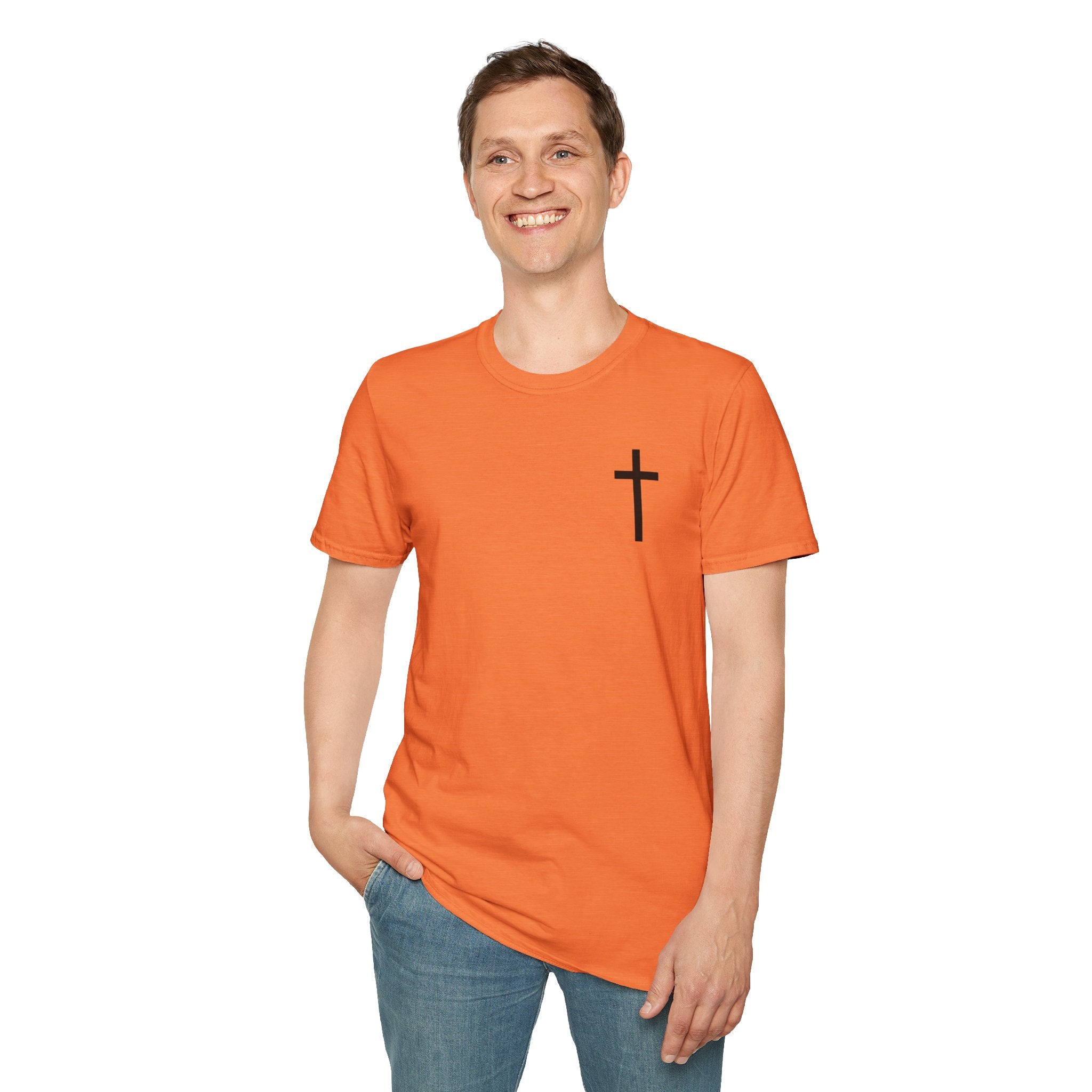 Man of Faith Rooted in Christ T-Shirt — Christian Gift for Him Flag & Cross Back Print Graphic Tee