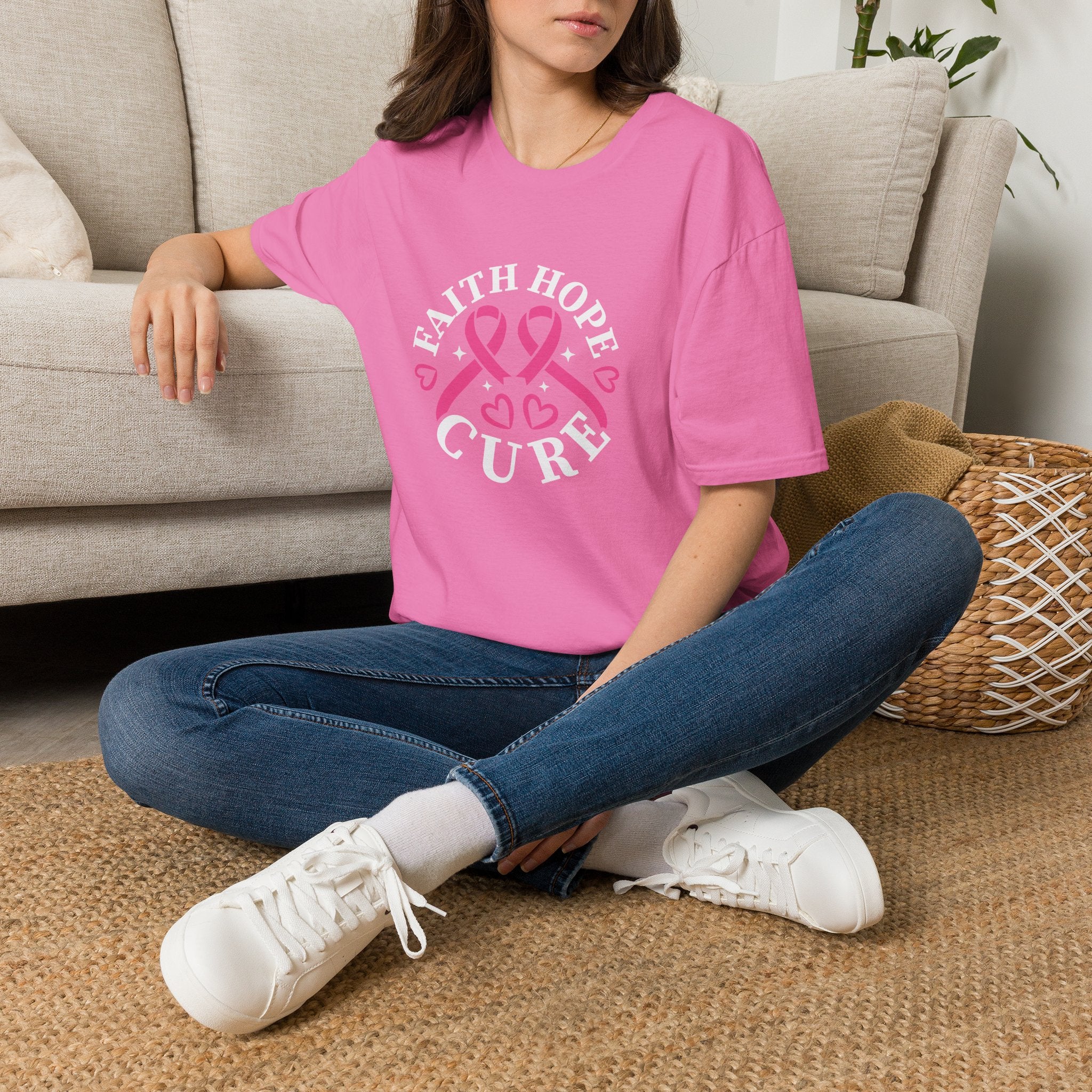 Faith Hope Cure Breast Cancer Awareness T-Shirt — Pink Ribbon Gift for Her Support Graphic Tee
