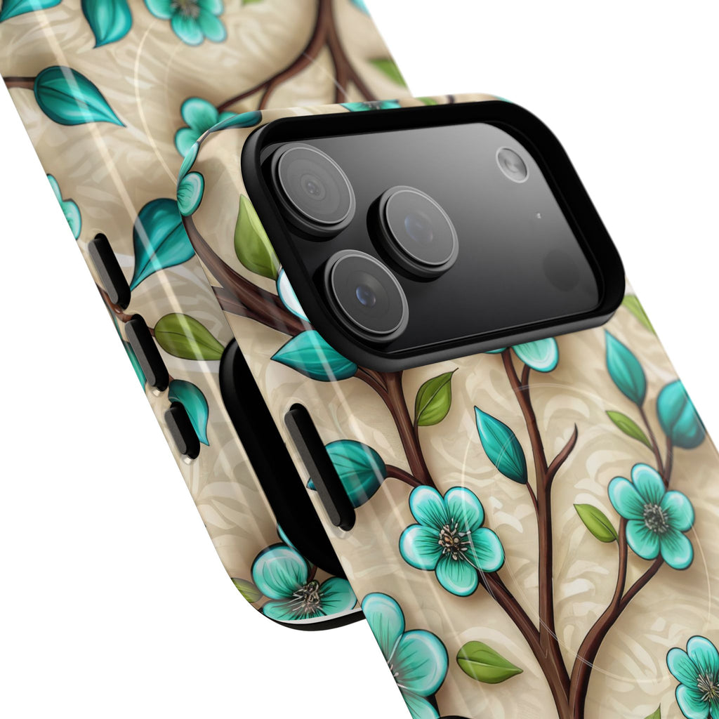 Floral Teal Blossom Tough Magnetic iPhone Case — MagSafe Protective Cover
