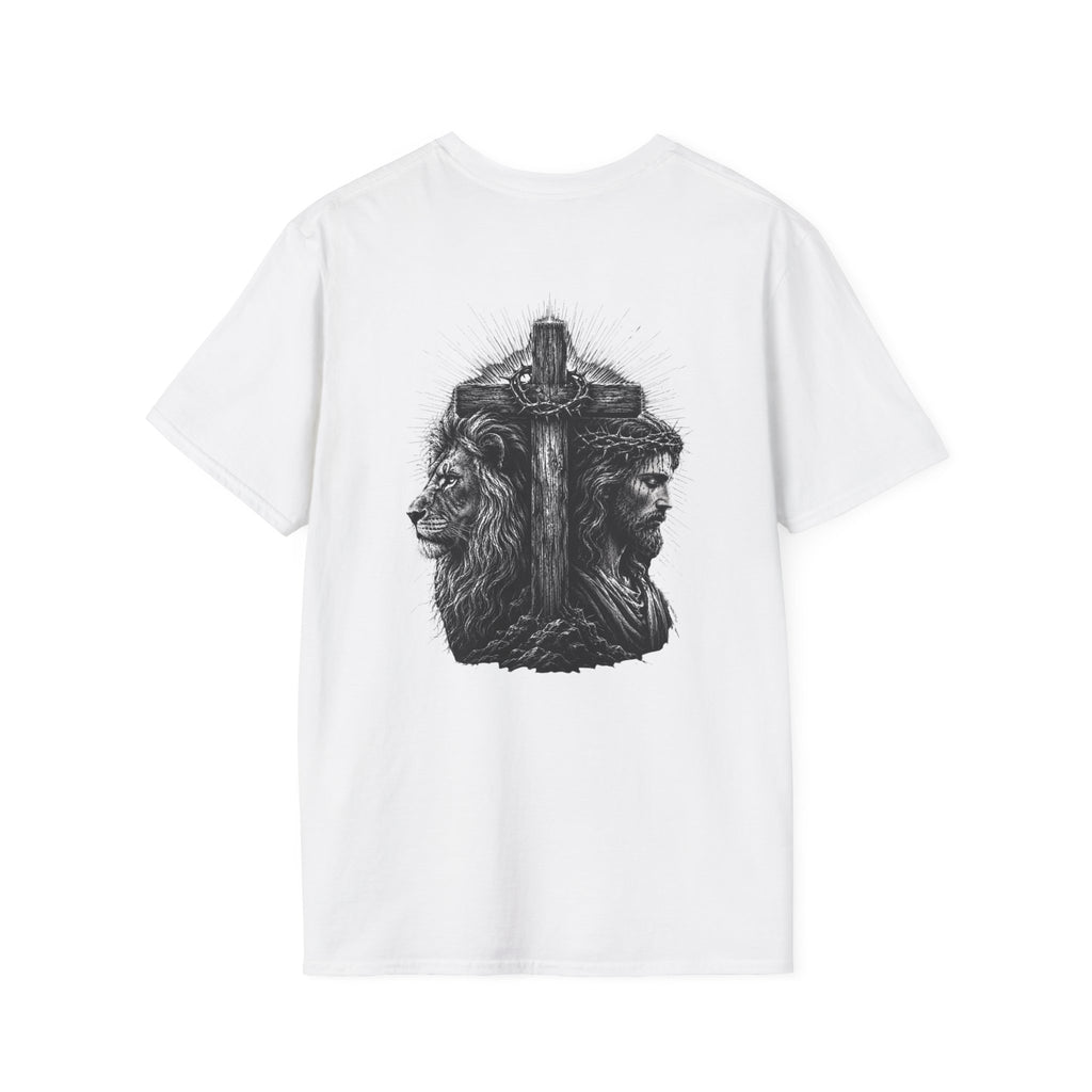 Cross Lion and Jesus Back Print T-Shirt — Wood Cross Chest Christian Faith Graphic