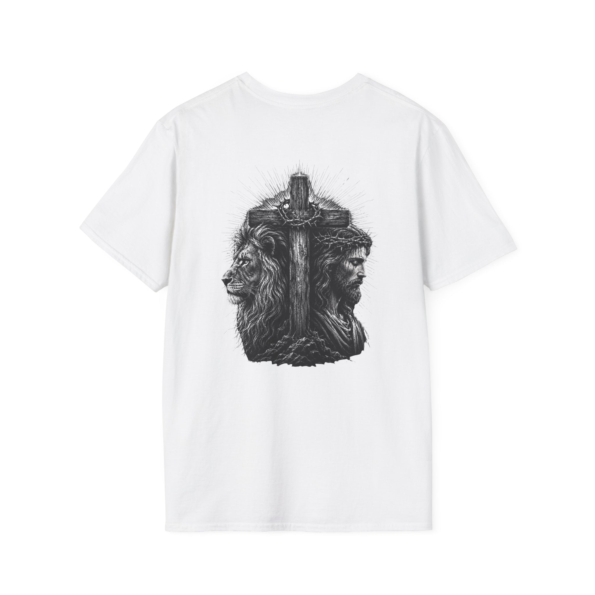 Cross Lion and Jesus Back Print T-Shirt — Wood Cross Chest Christian Faith Graphic