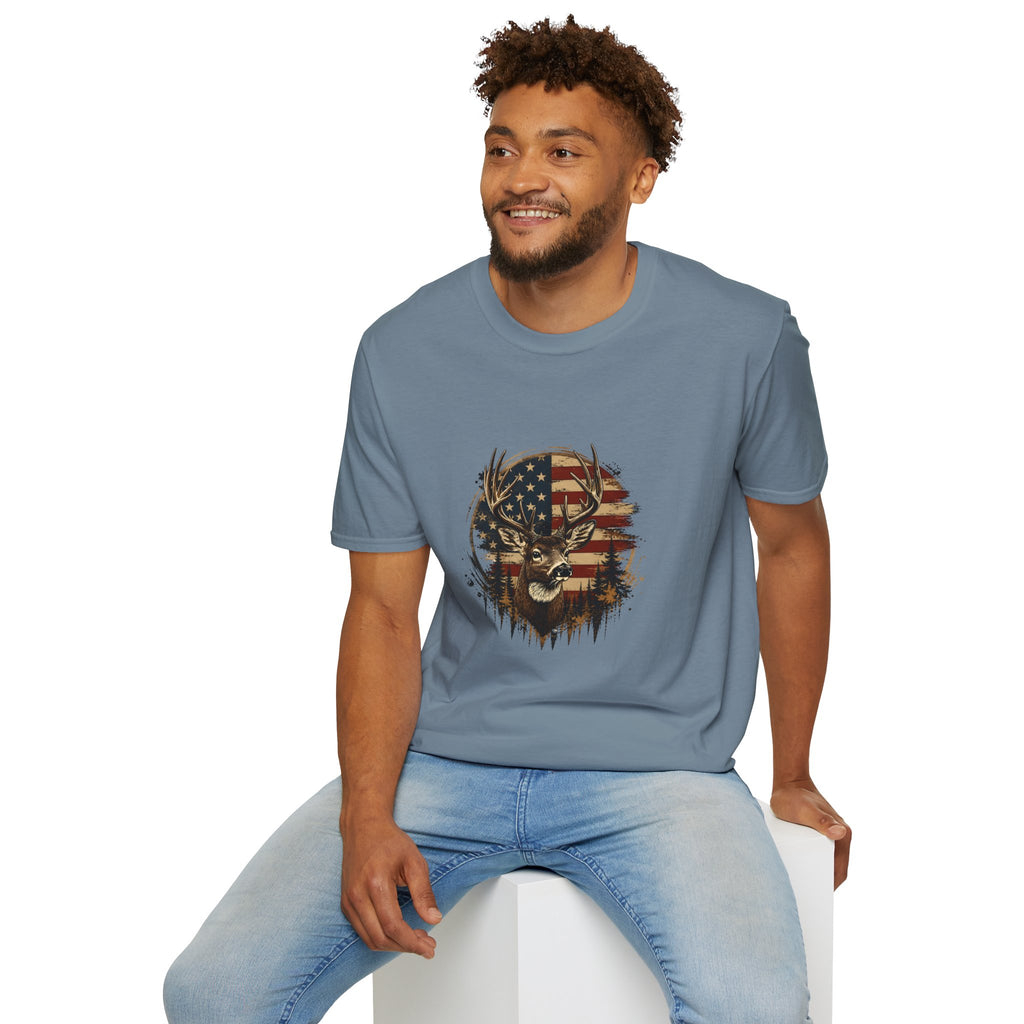 American Flag Deer T-Shirt — Patriotic Buck Gift for Hunters Men's Graphic Tee
