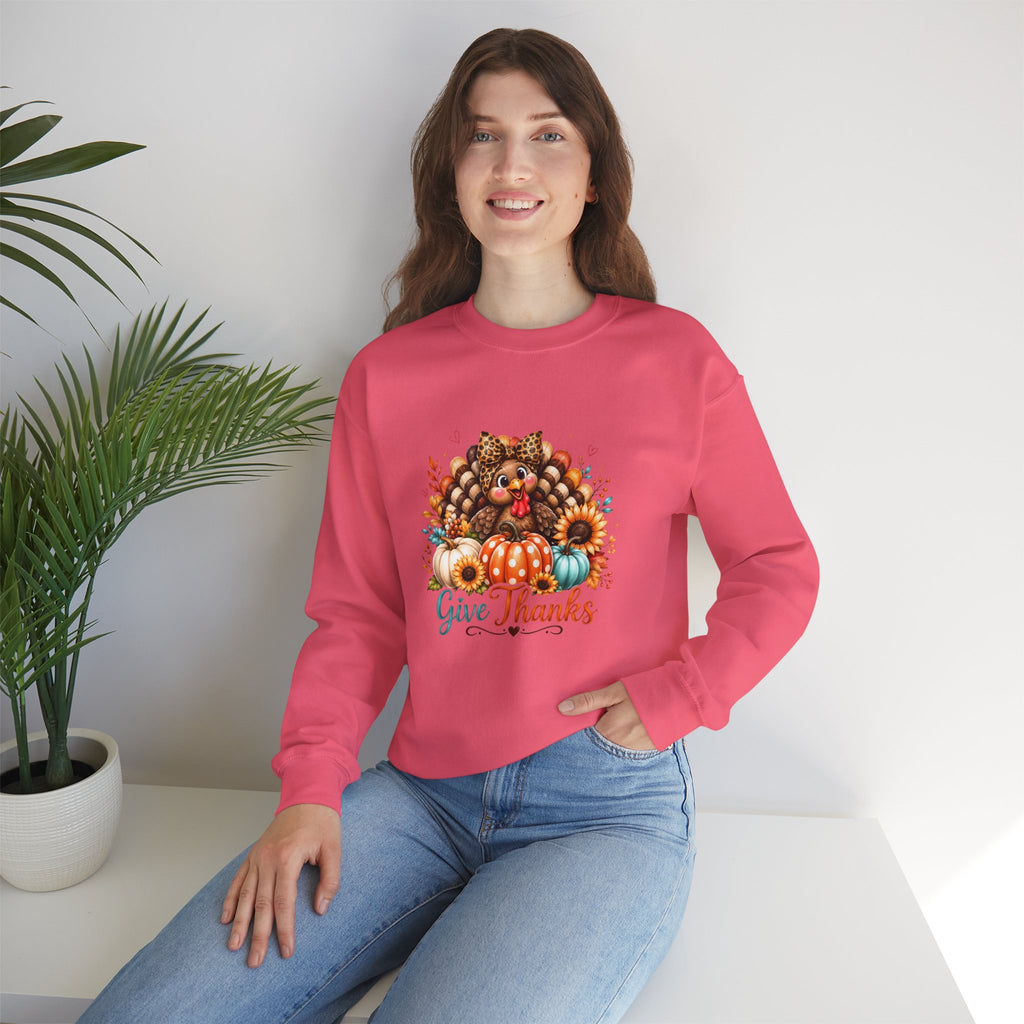 Sweatshirt — "Give Thanks" Autumn Turkey & Pumpkin Thanksgiving Crewneck