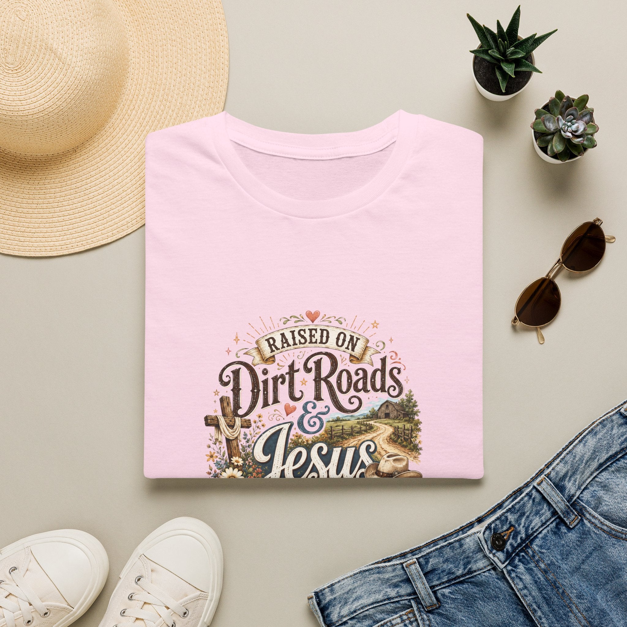 Raised on Dirt Roads & Jesus T-Shirt — Rustic Christian Gift for Women Faith Tee
