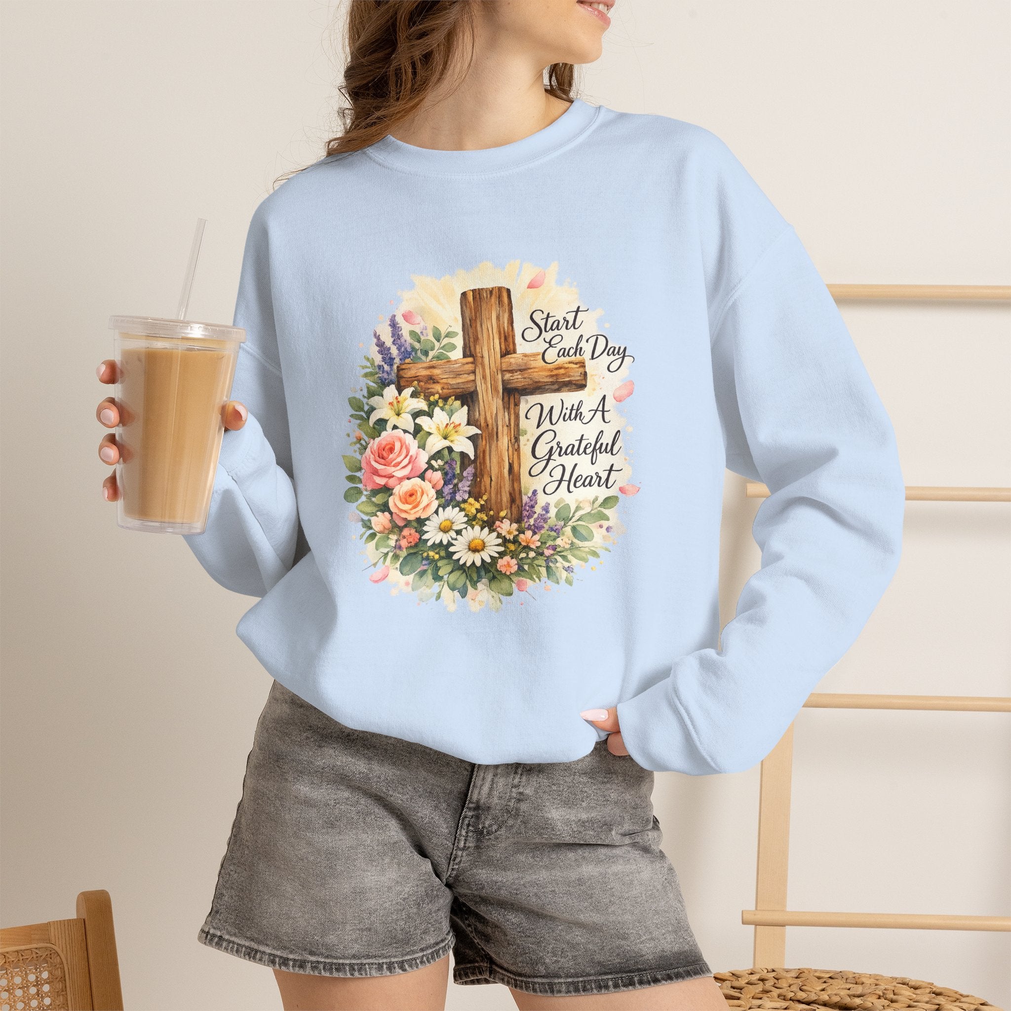 Christian Crewneck Sweatshirt — "Start Each Day with a Grateful Heart" Floral Cross