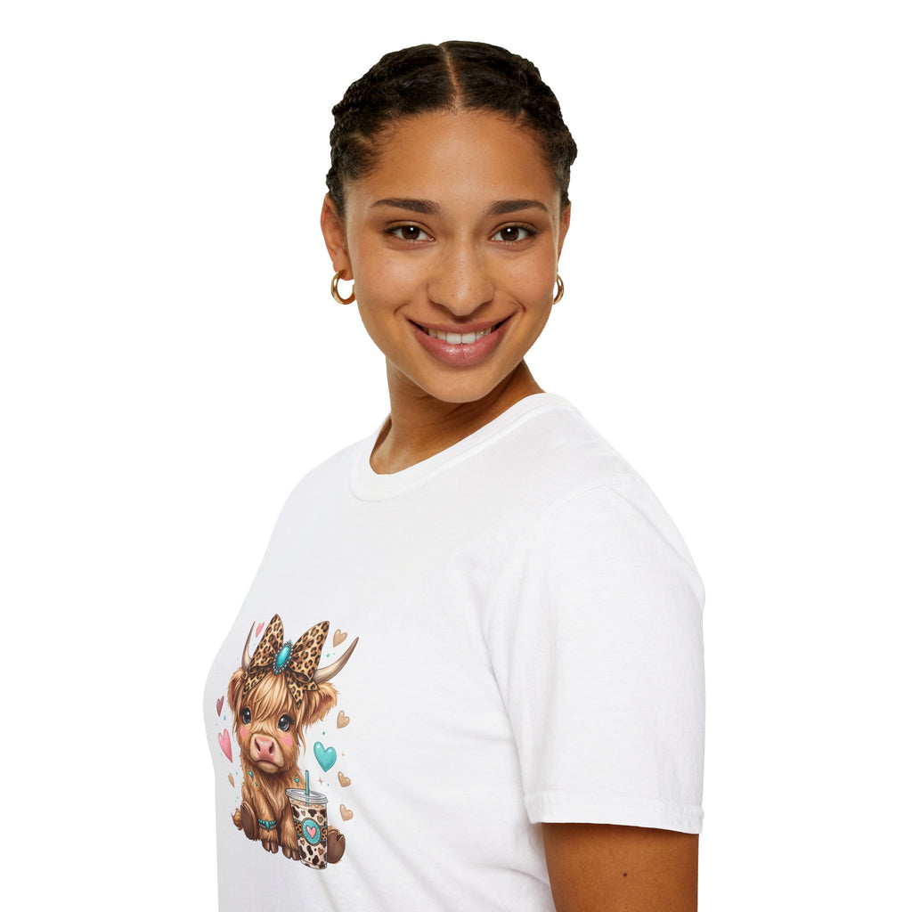 Highland Cow Leopard Bow T-Shirt — Cute Funny Gift for Her Hearts Graphic Tee