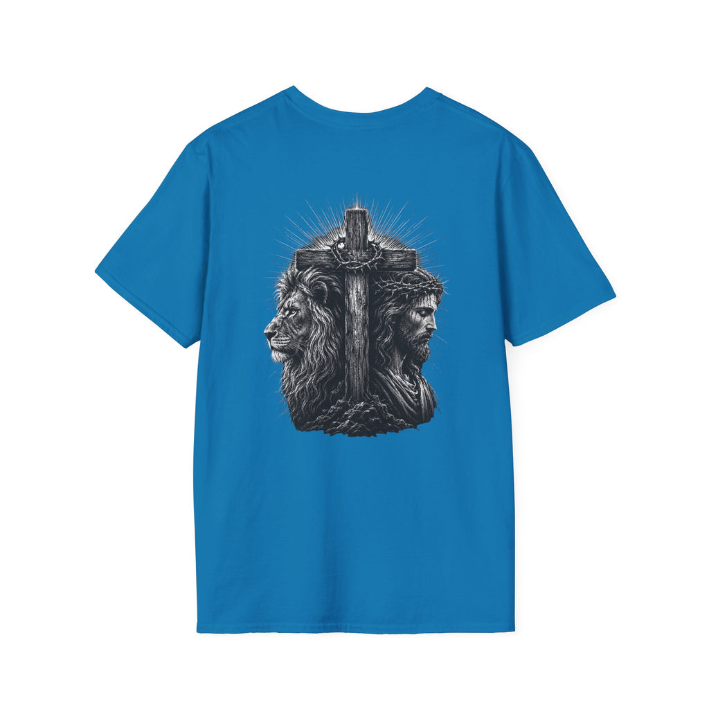 Cross Lion and Jesus Back Print T-Shirt — Wood Cross Chest Christian Faith Graphic