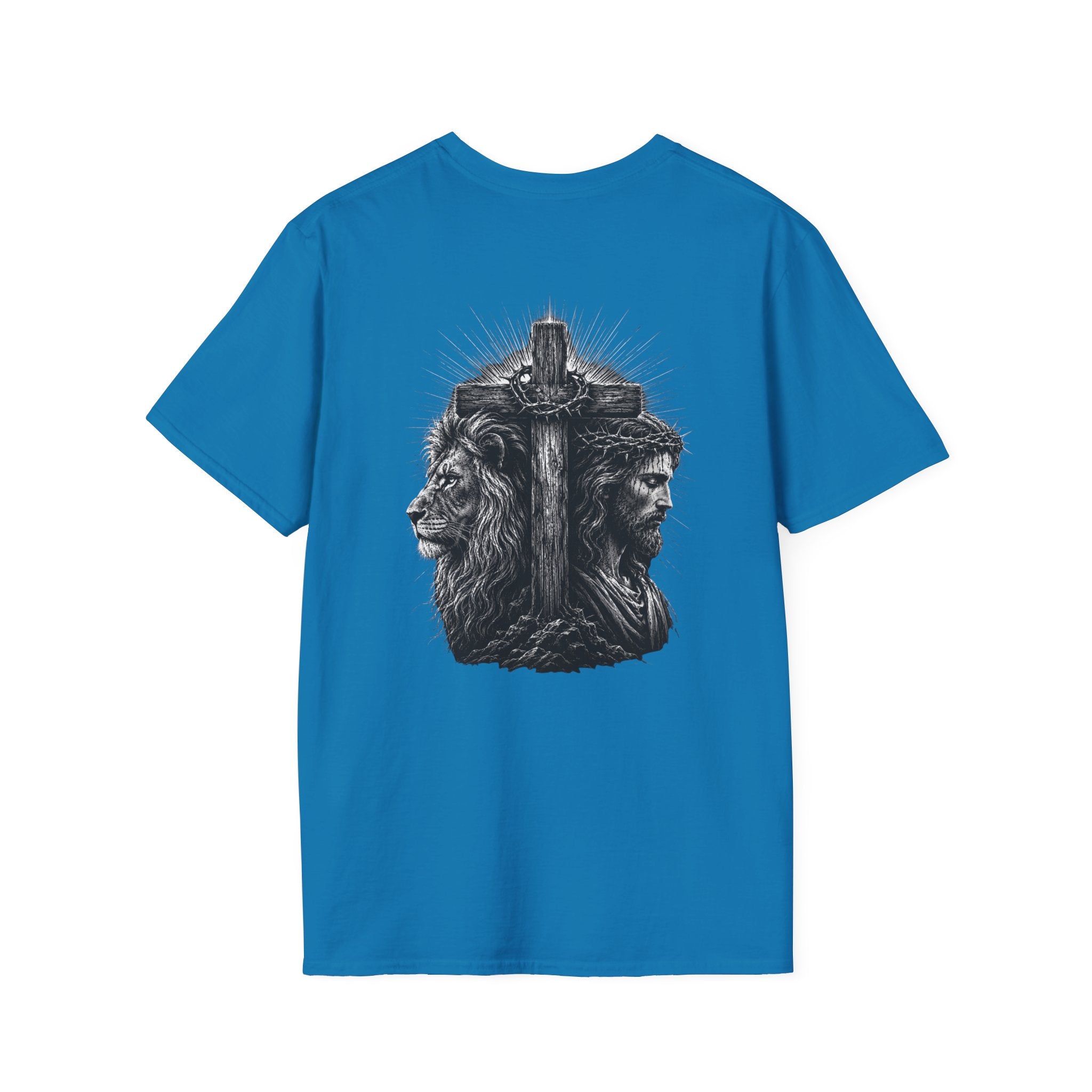 Cross Lion and Jesus Back Print T-Shirt — Wood Cross Chest Christian Faith Graphic