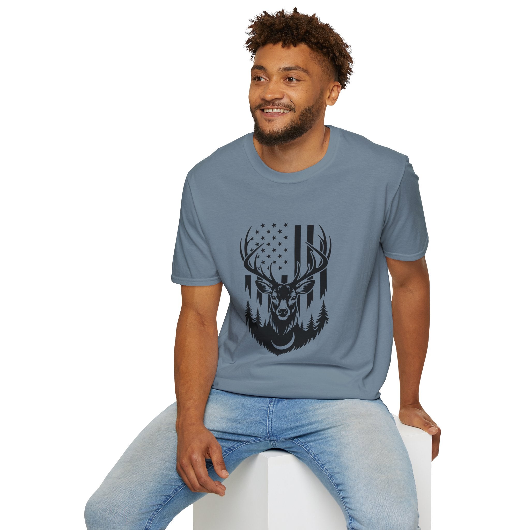 Rustic American Flag Buck T-Shirt — Patriotic Hunting Gift for Men Wildlife Tee