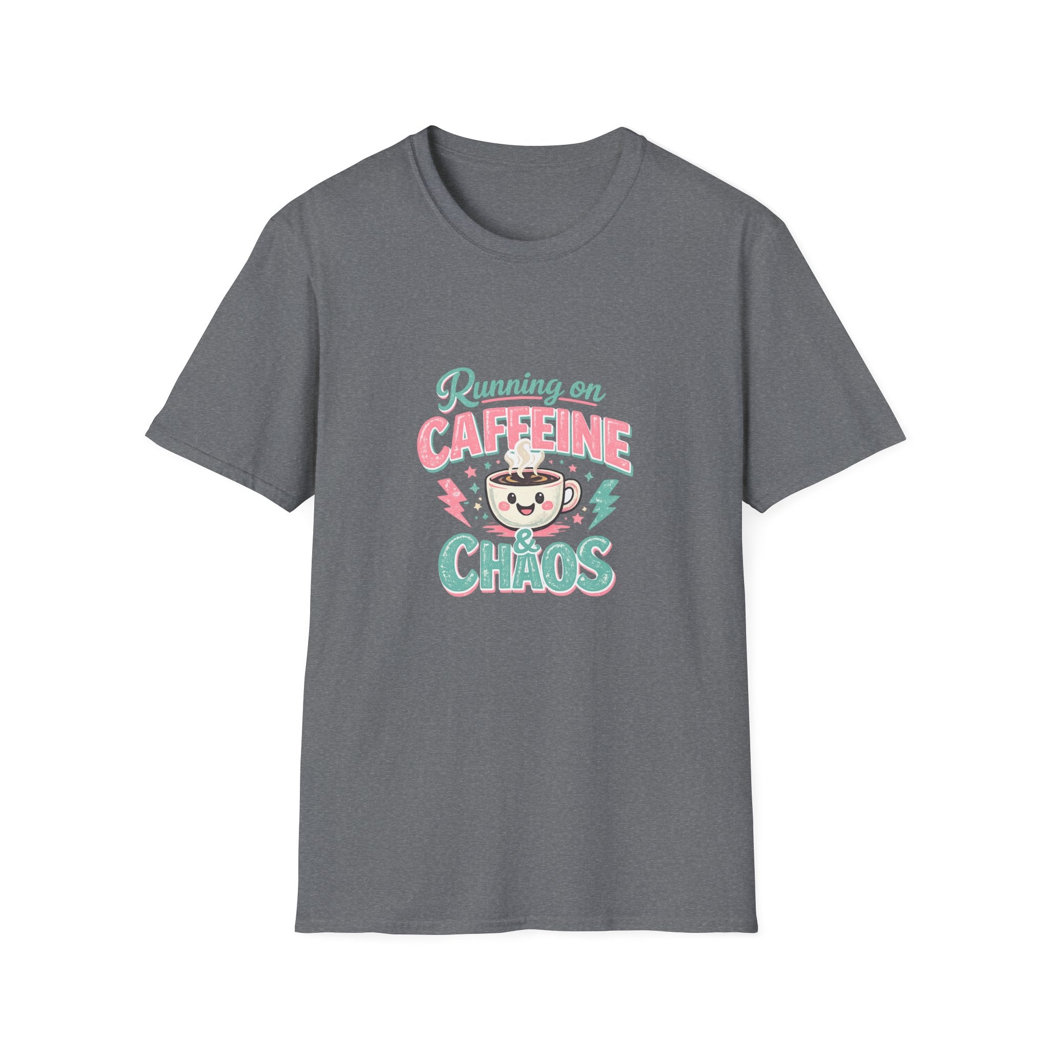 Running on Caffeine & Chaos T-Shirt — Funny Gift for Coffee Loving Moms Graphic Tee