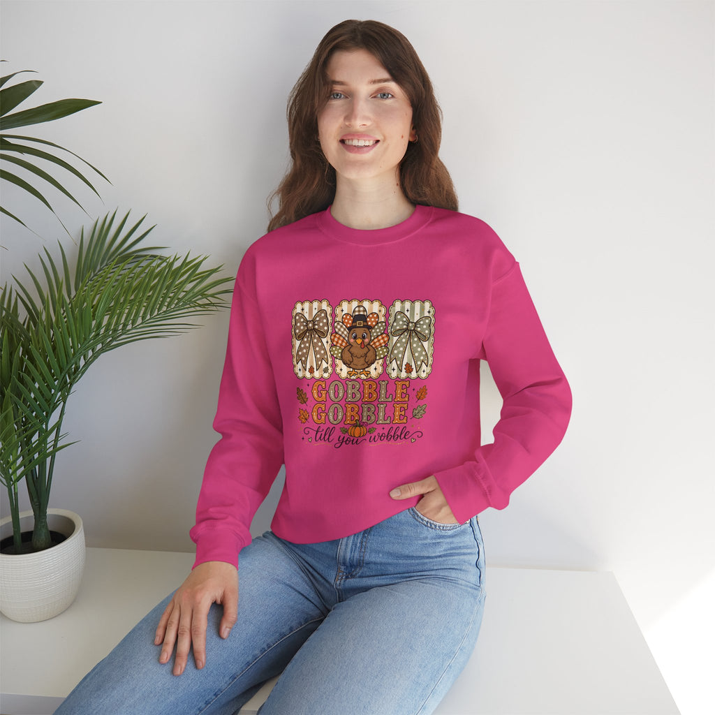 Thanksgiving Crewneck Sweatshirt — "Gobble Gobble 'til You Wobble" Turkey Design