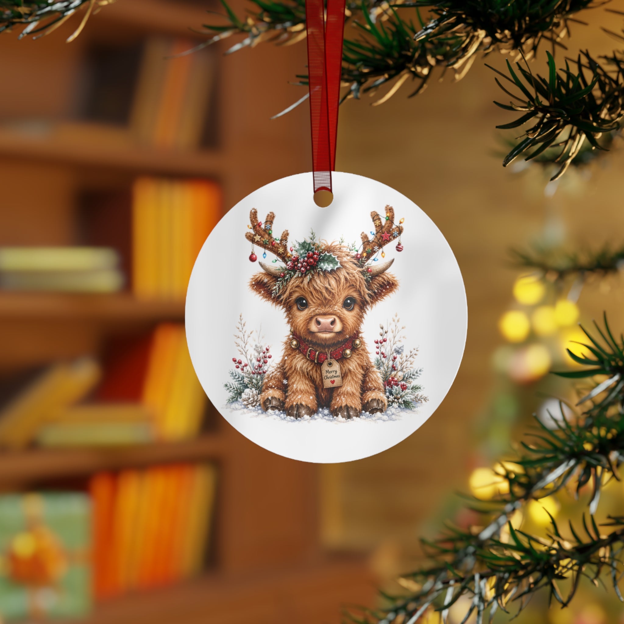 Cute Highland Cow Metal Ornament — Holiday Christmas Tree Decoration