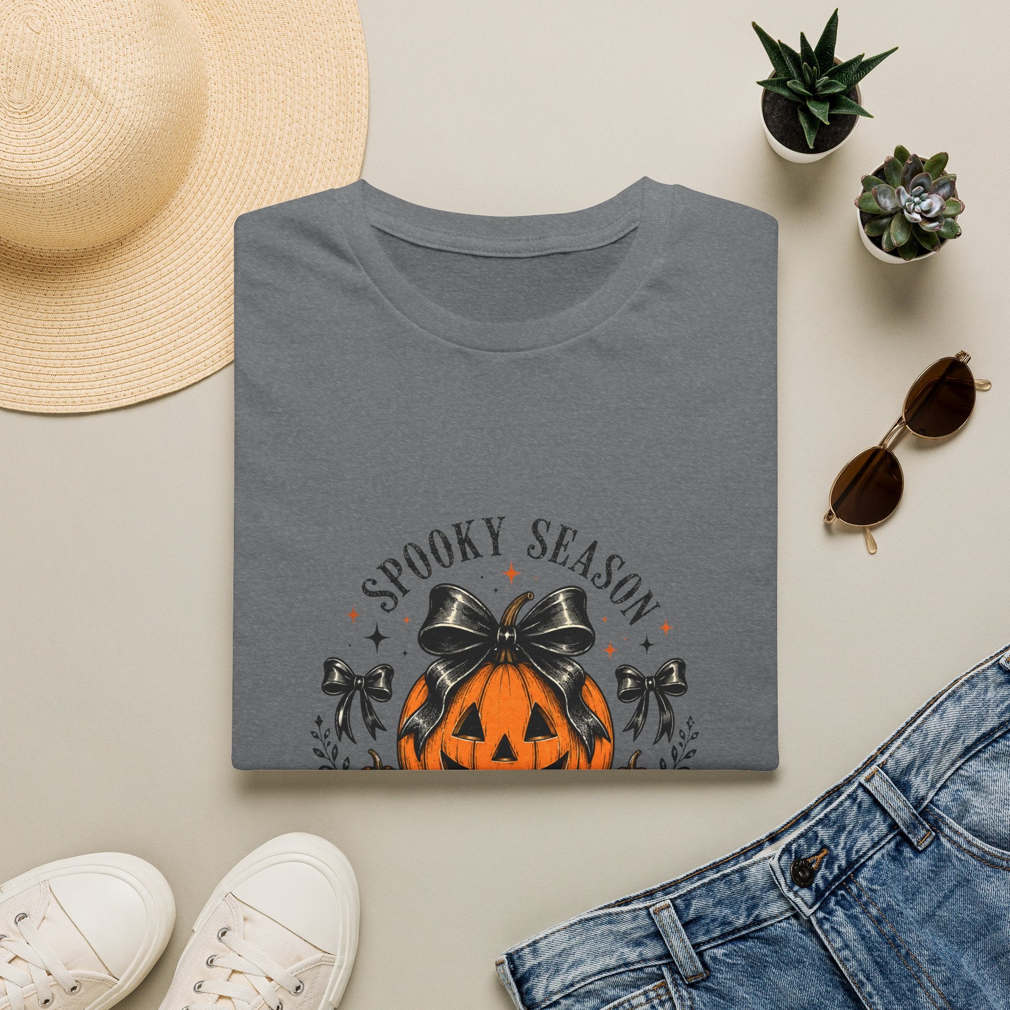 Spooky Season Jack-O'-Lantern Bow T-Shirt — Cute Halloween Gift for Women Graphic Tee
