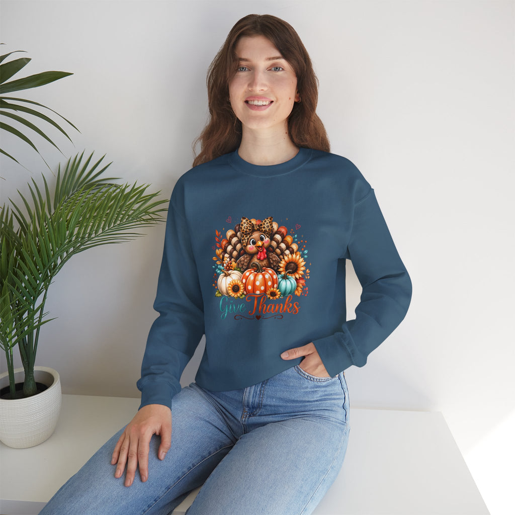 Sweatshirt — "Give Thanks" Autumn Turkey & Pumpkin Thanksgiving Crewneck