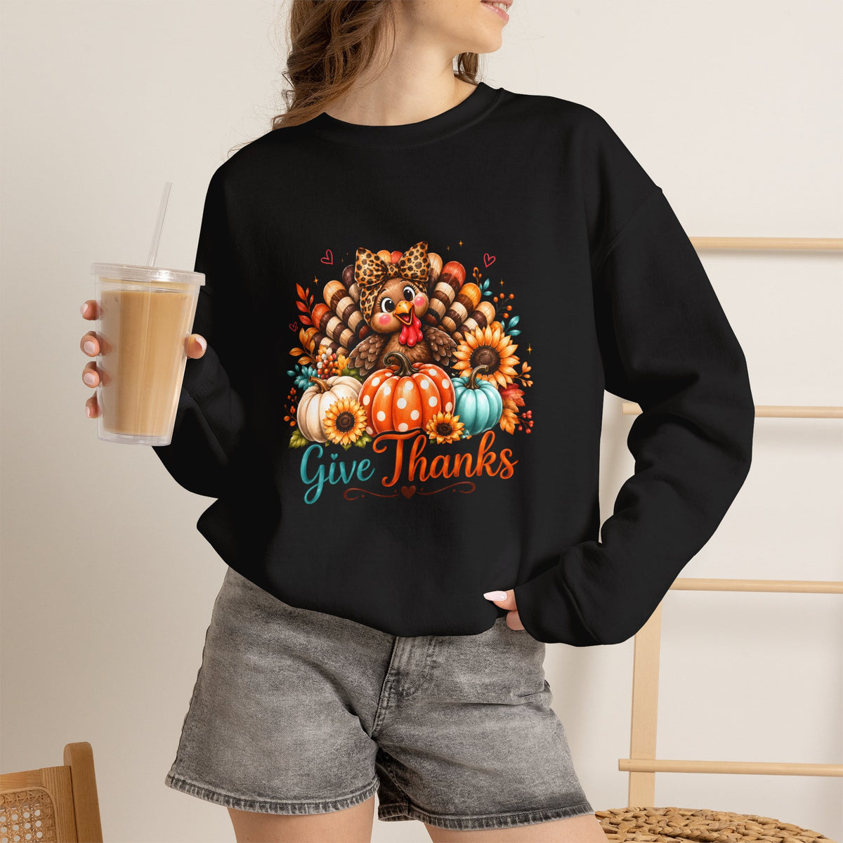 Sweatshirt — "Give Thanks" Autumn Turkey & Pumpkin Thanksgiving Crewneck