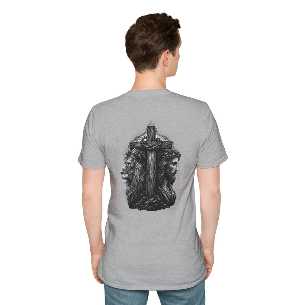 Cross Lion and Jesus Back Print T-Shirt — Wood Cross Chest Christian Faith Graphic
