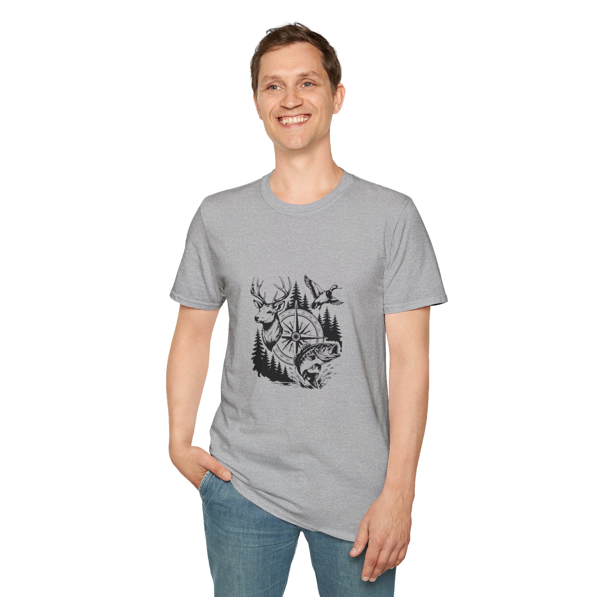 Outdoor Wildlife Compass T-Shirt — Deer Duck & Fish Nature Gift for Hunters
