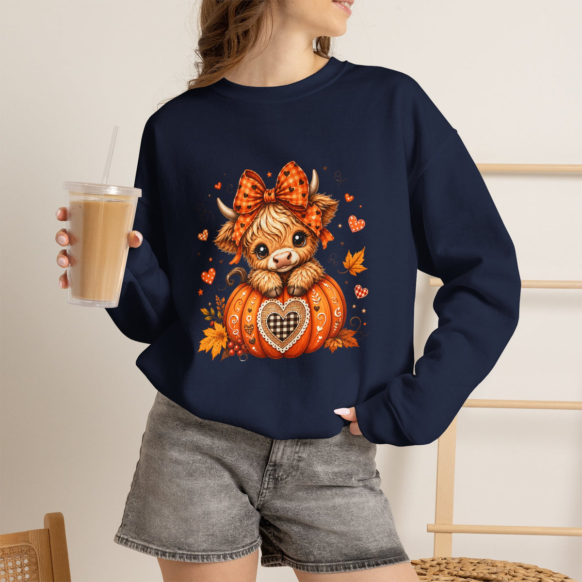 Cute Highland Cow Pumpkin Halloween Sweatshirt