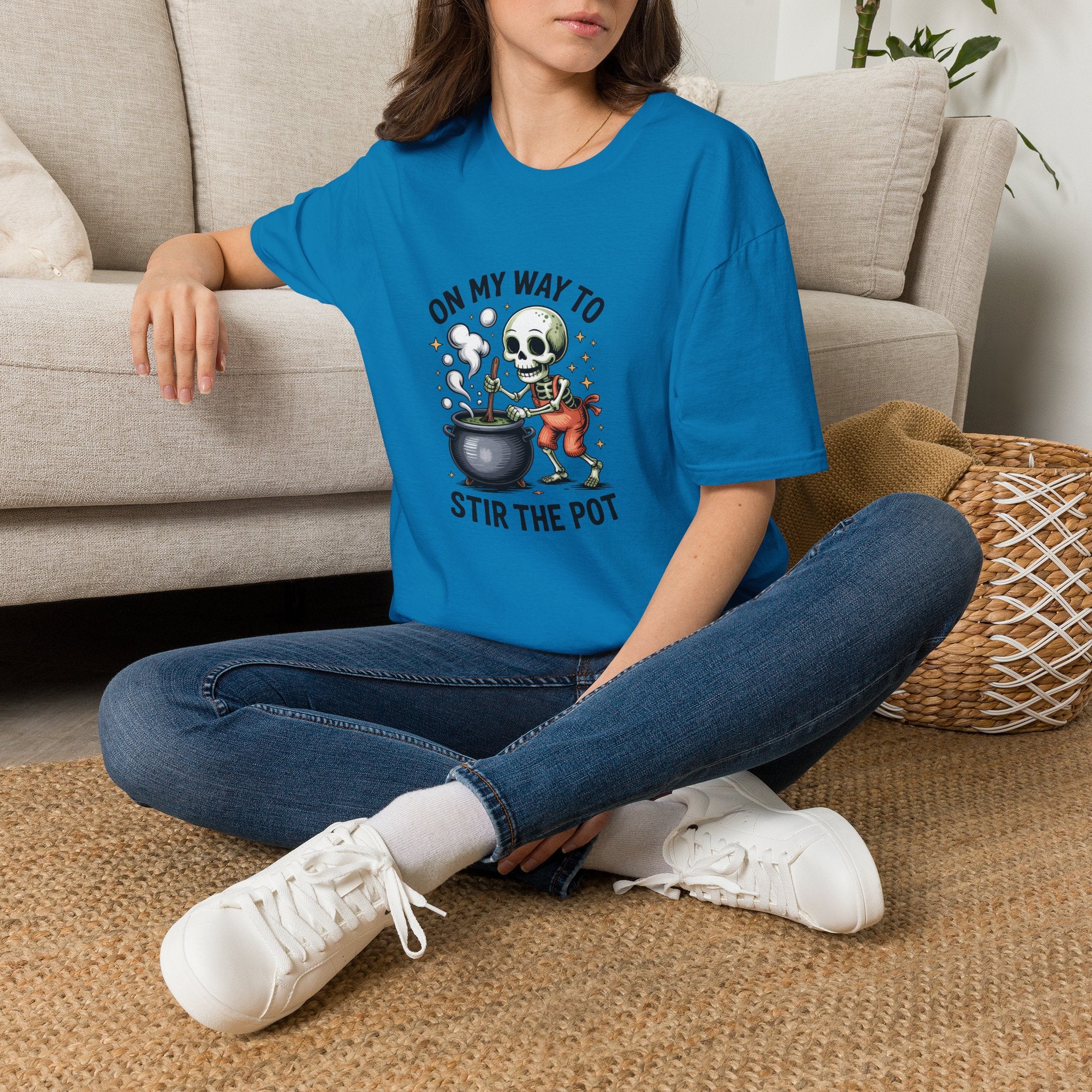 On My Way to Stir the Pot Skeleton T-Shirt — Funny Halloween Gift for Women