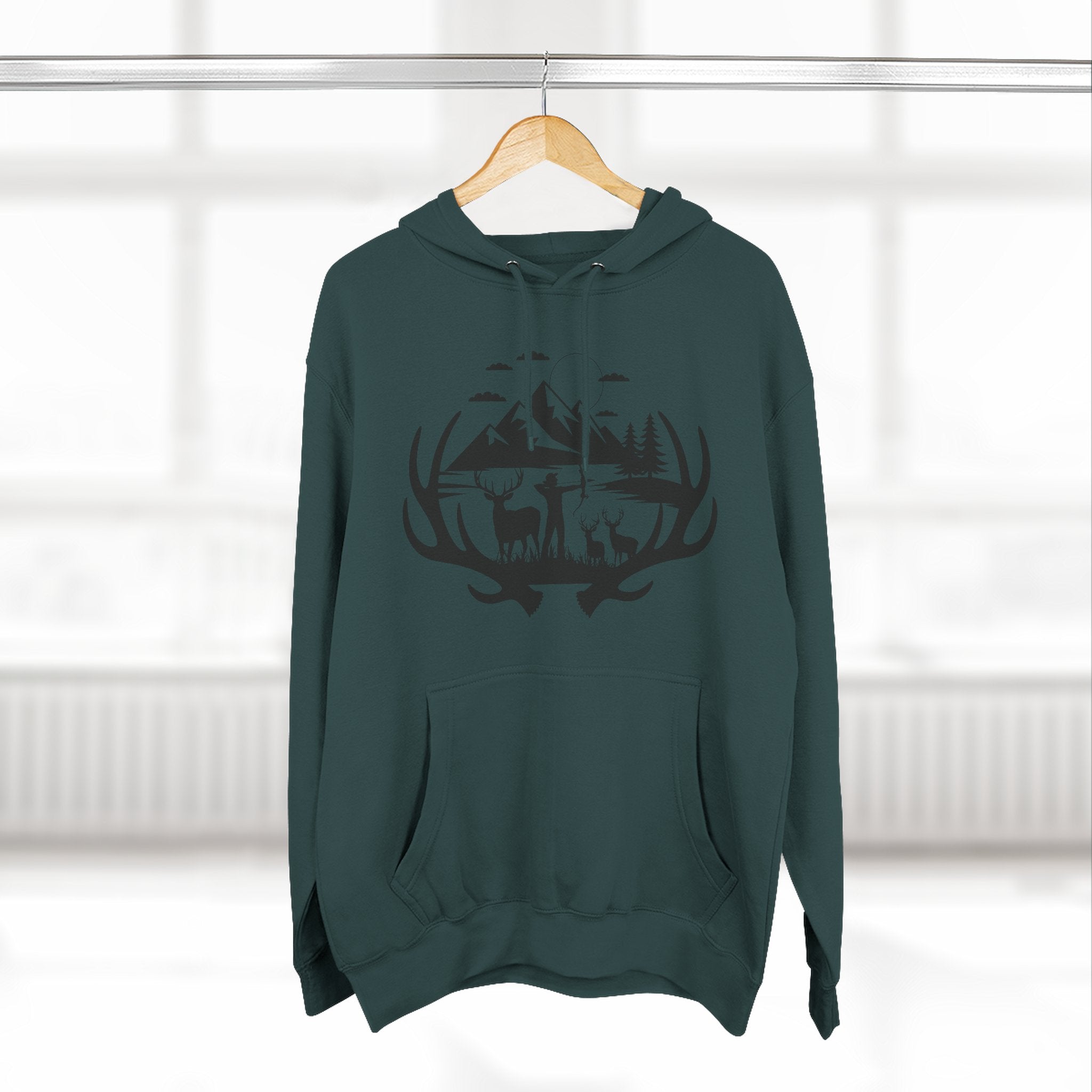 Deer Antler Mountain Hoodie — Rustic Outdoor Gift for Him Wildlife Graphic Pullover