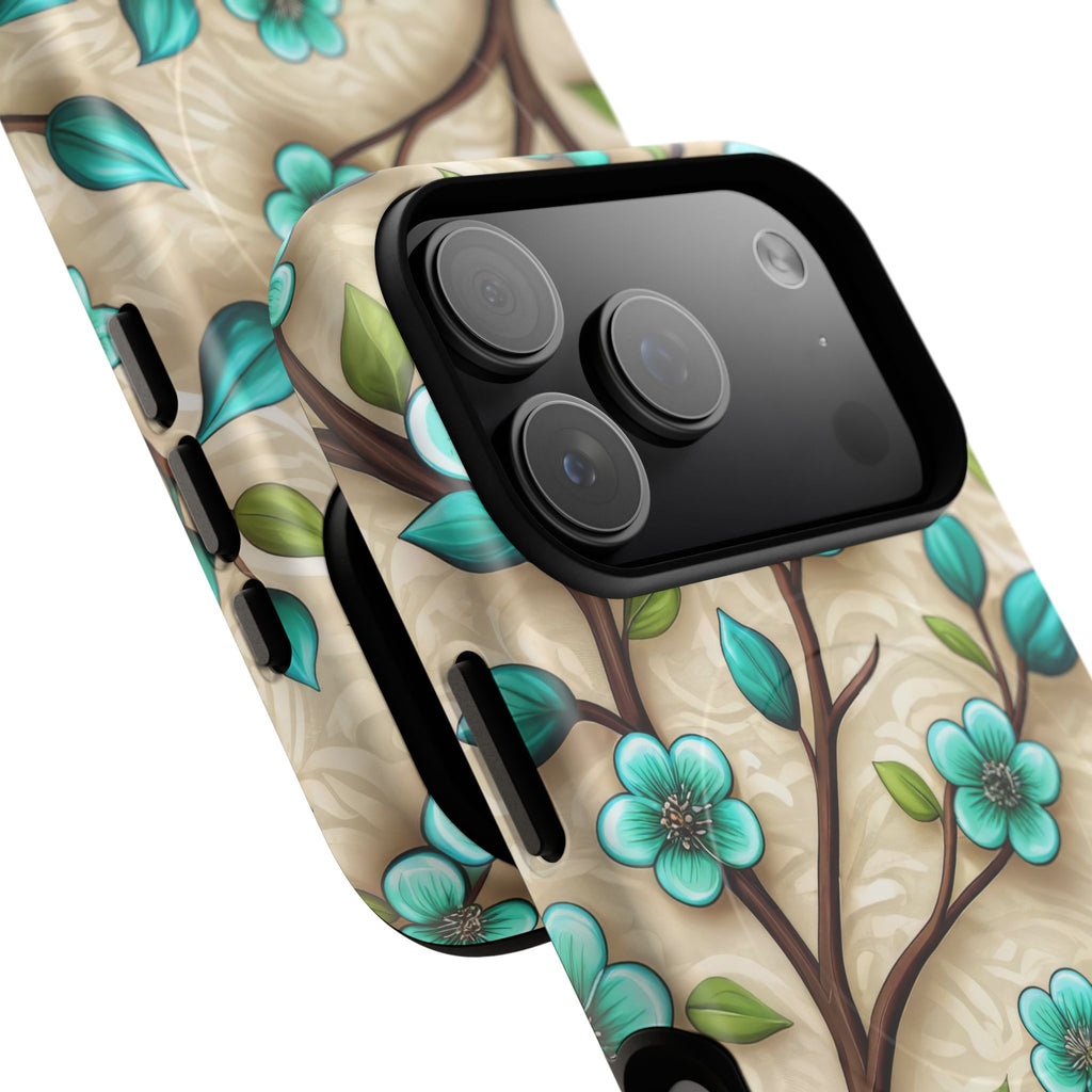 Floral Teal Blossom Tough Magnetic iPhone Case — MagSafe Protective Cover