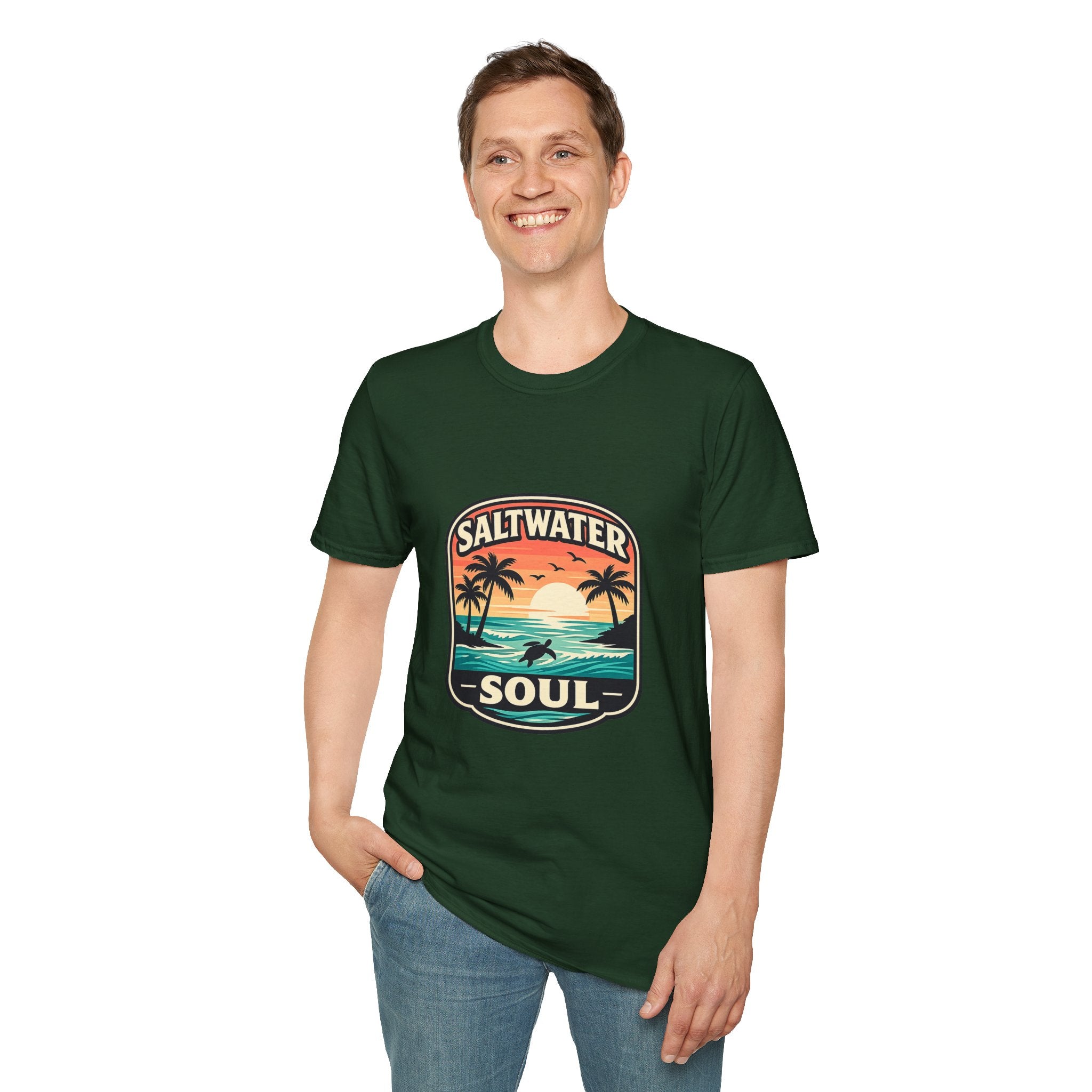 Saltwater Soul Retro Beach T-Shirt — Cute Coastal Gift for Women Sunset Palm Tee