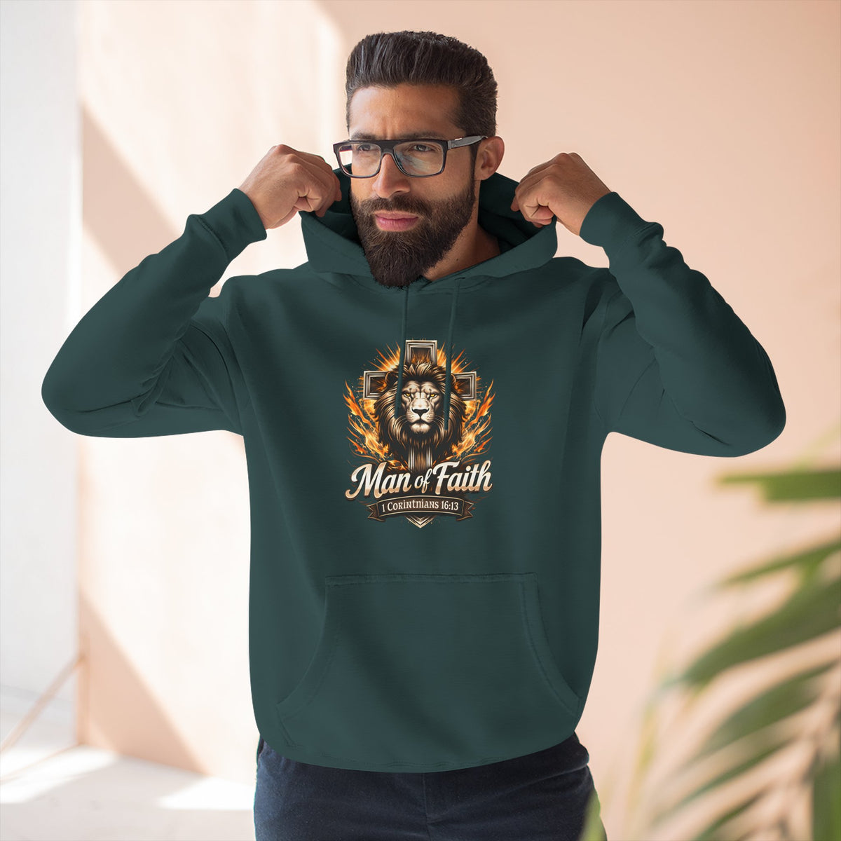 Man of Faith Lion Crest Graphic Fleece Pullover Hoodie