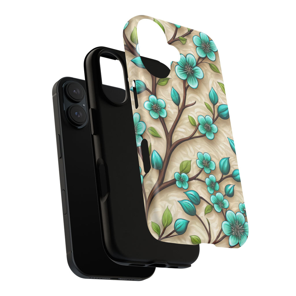 Floral Teal Blossom Tough Magnetic iPhone Case — MagSafe Protective Cover